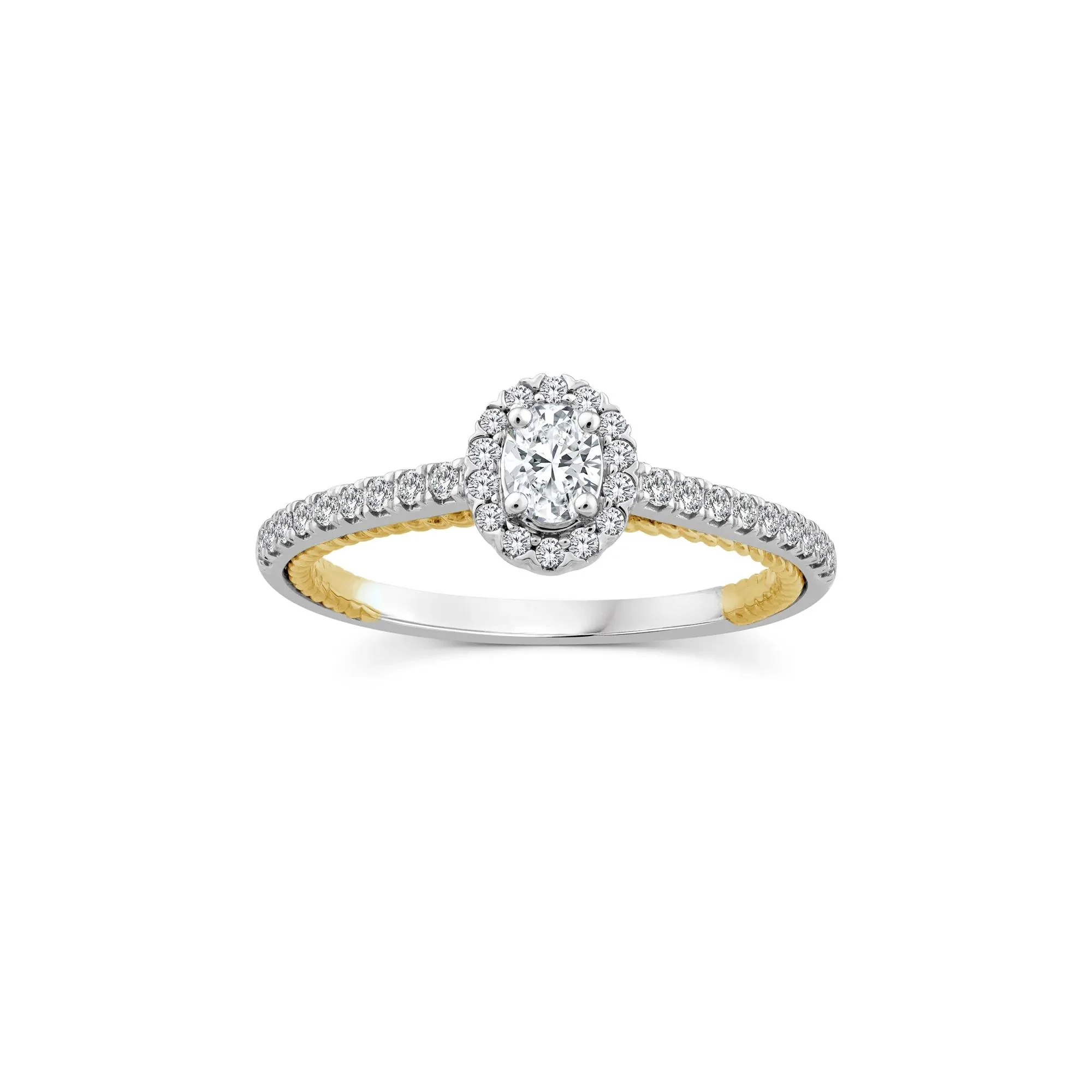 1/2 CT. Tw. Oval Diamond Halo Engagement Ring 14K Yellow and White Gold Round Brilliant Cut Size 9 1.5mm