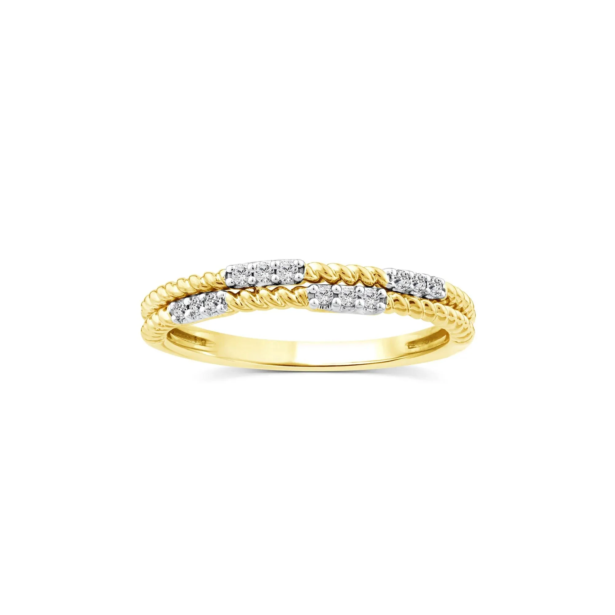 1/10 CT. Tw. Diamond Multi-Row Twist Band Ring 14K Yellow Gold Round Brilliant Cut Size 8 2mm