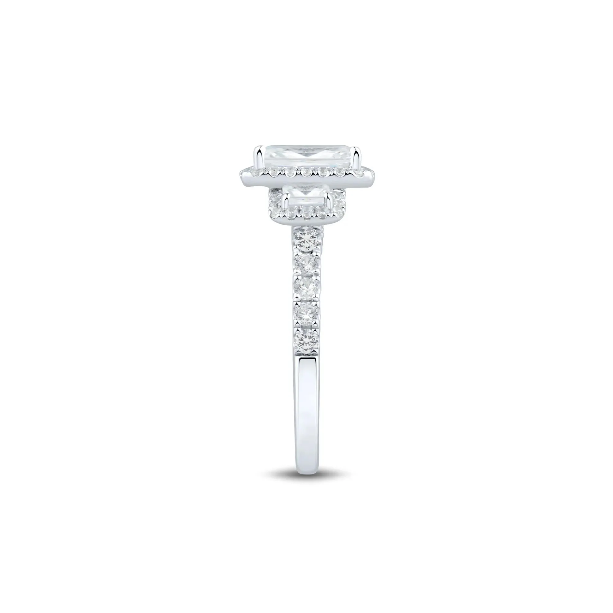 3 CT. Tw. Emerald-Cut Diamond Three-Stone Halo Engagement Ring 14K White Gold Round Brilliant Cut Size 7 1.5mm - Image 2