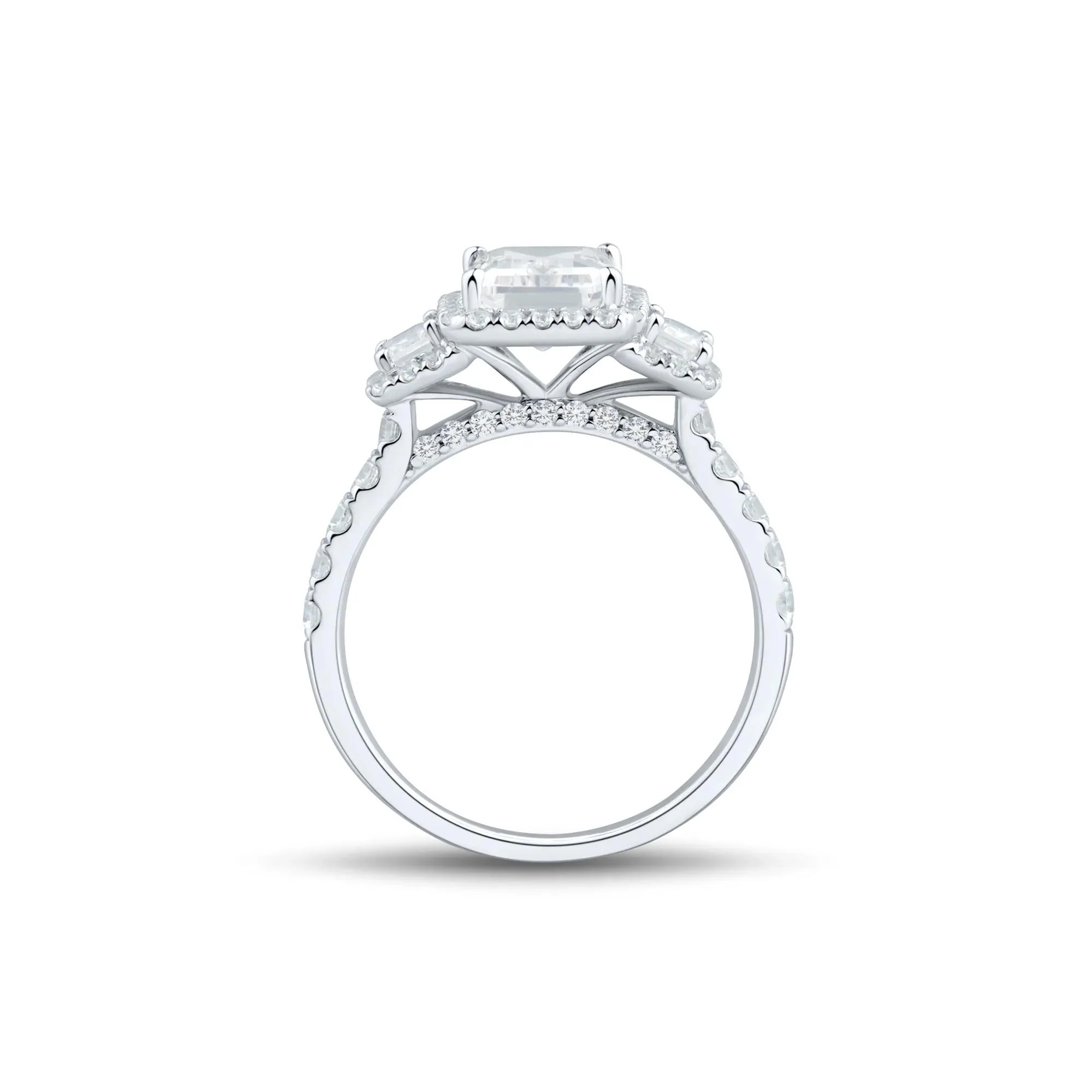 3 CT. Tw. Emerald-Cut Diamond Three-Stone Halo Engagement Ring 14K White Gold Round Brilliant Cut Size 7.5 1.5mm - Image 3