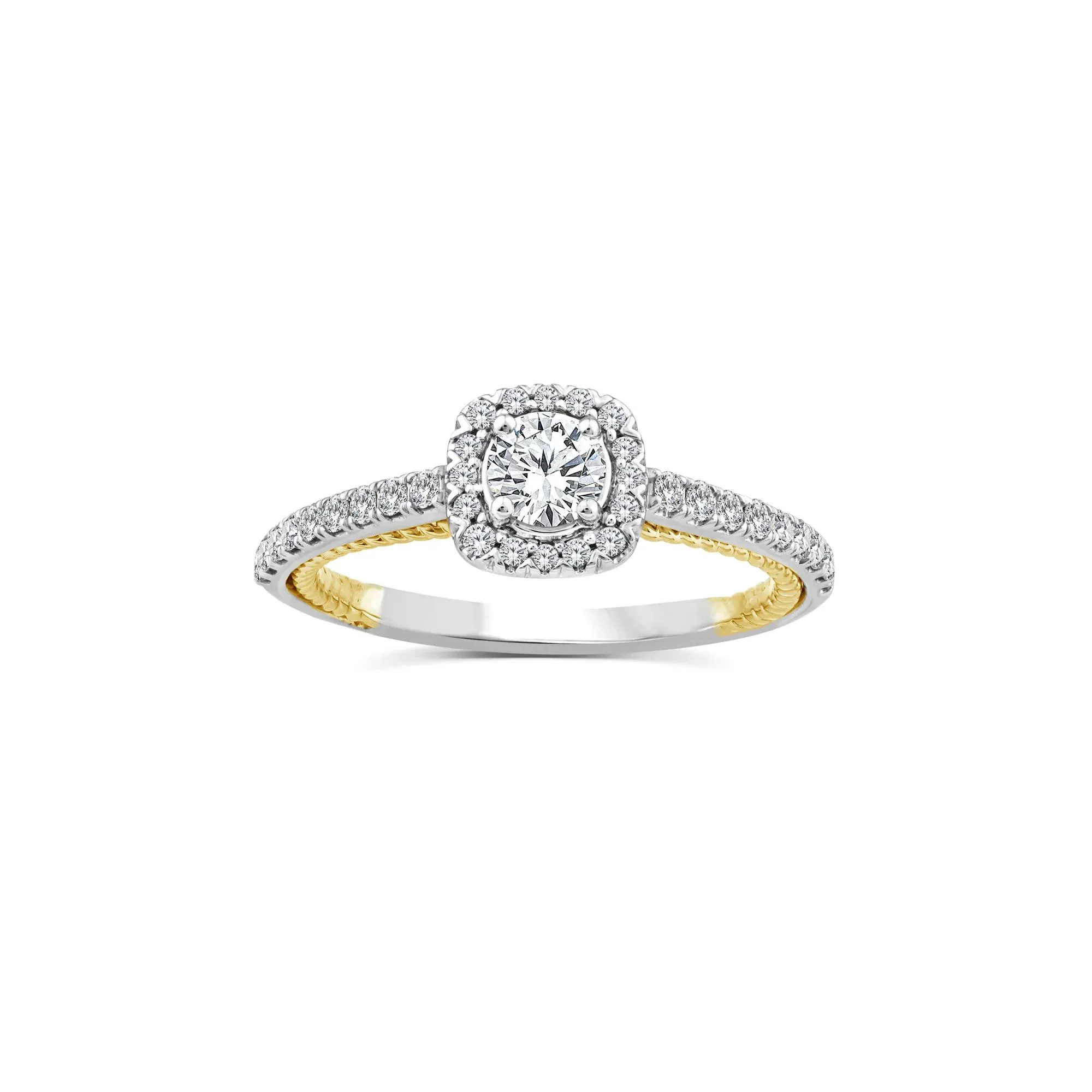 5/8 CT. Tw. Diamond Halo Engagement Ring 14K White and Yellow Gold Round Brilliant Cut Size 9 1.5mm