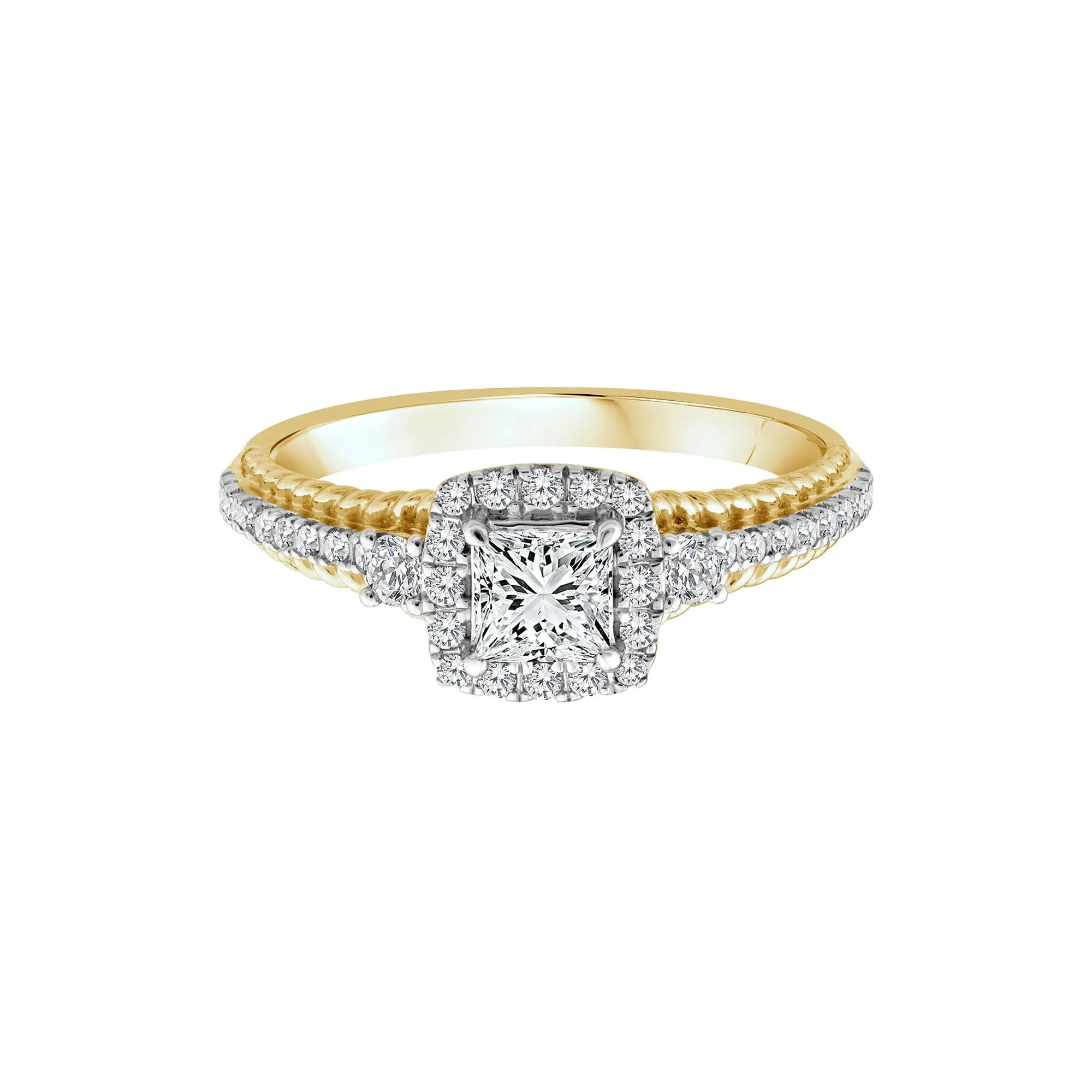 3/4 CT. Tw. Princess-Cut Diamond Halo Engagement Ring 14K Yellow Gold Round Brilliant Cut Size 9 2mm