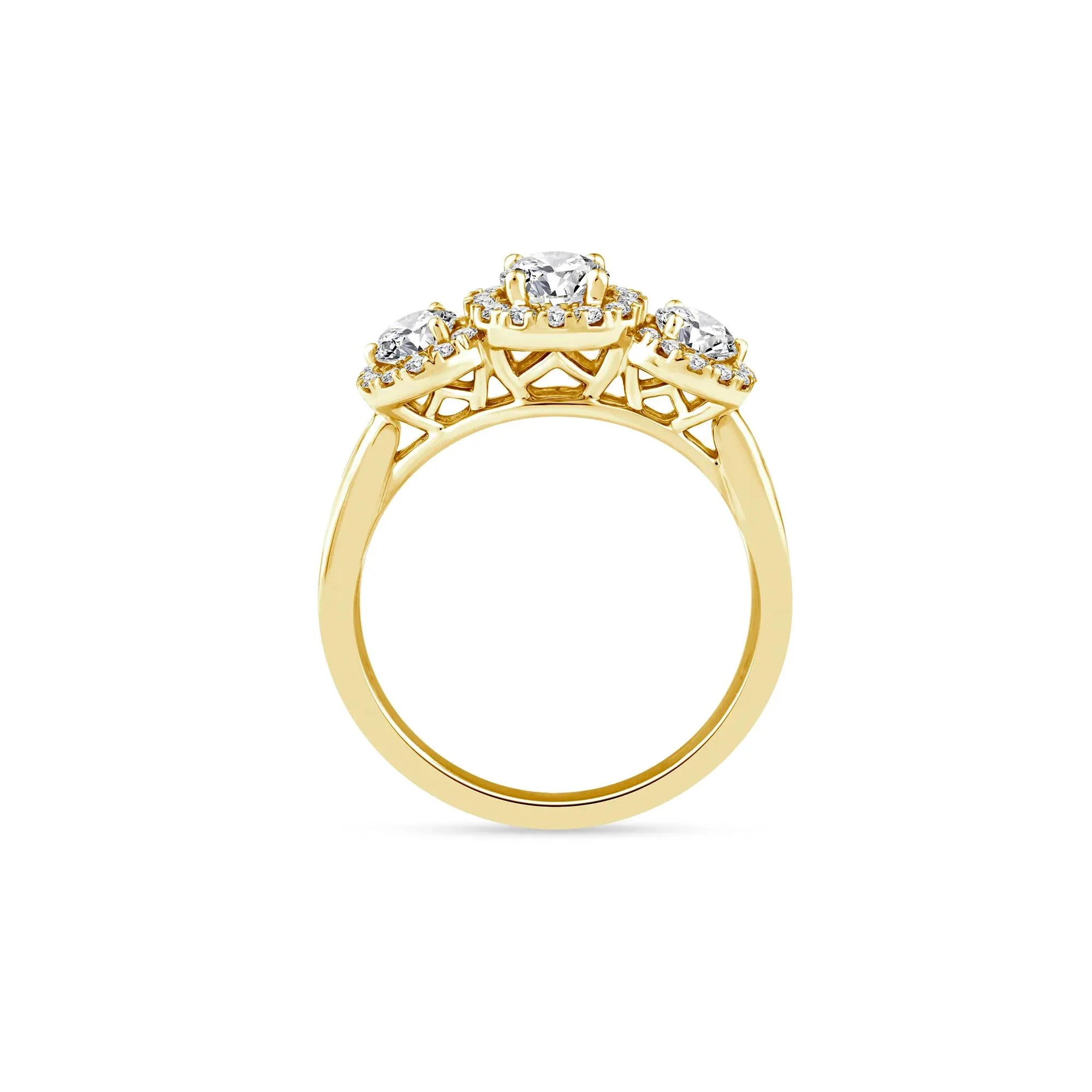 1/2 CT. Tw. Diamond Three-Stone Halo Engagement Ring 14K Yellow Gold Round Brilliant Cut Size 8.5 2mm - Image 2