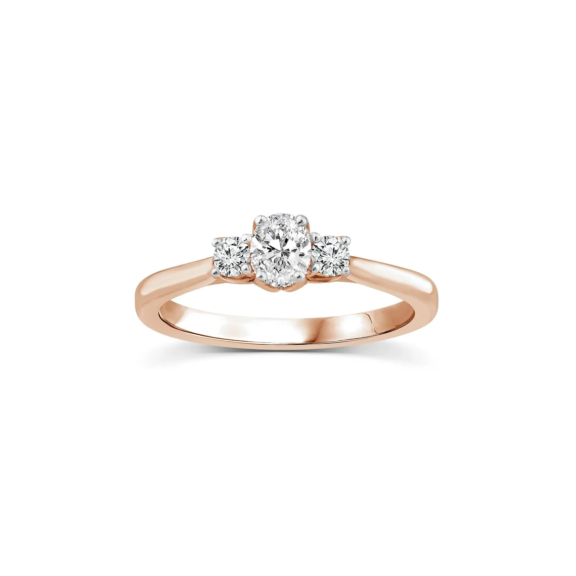 1/2 CT. Tw. Diamond Oval Center Three-Stone Ring 14K Rose Gold Round Brilliant Cut Size 8.5 2mm