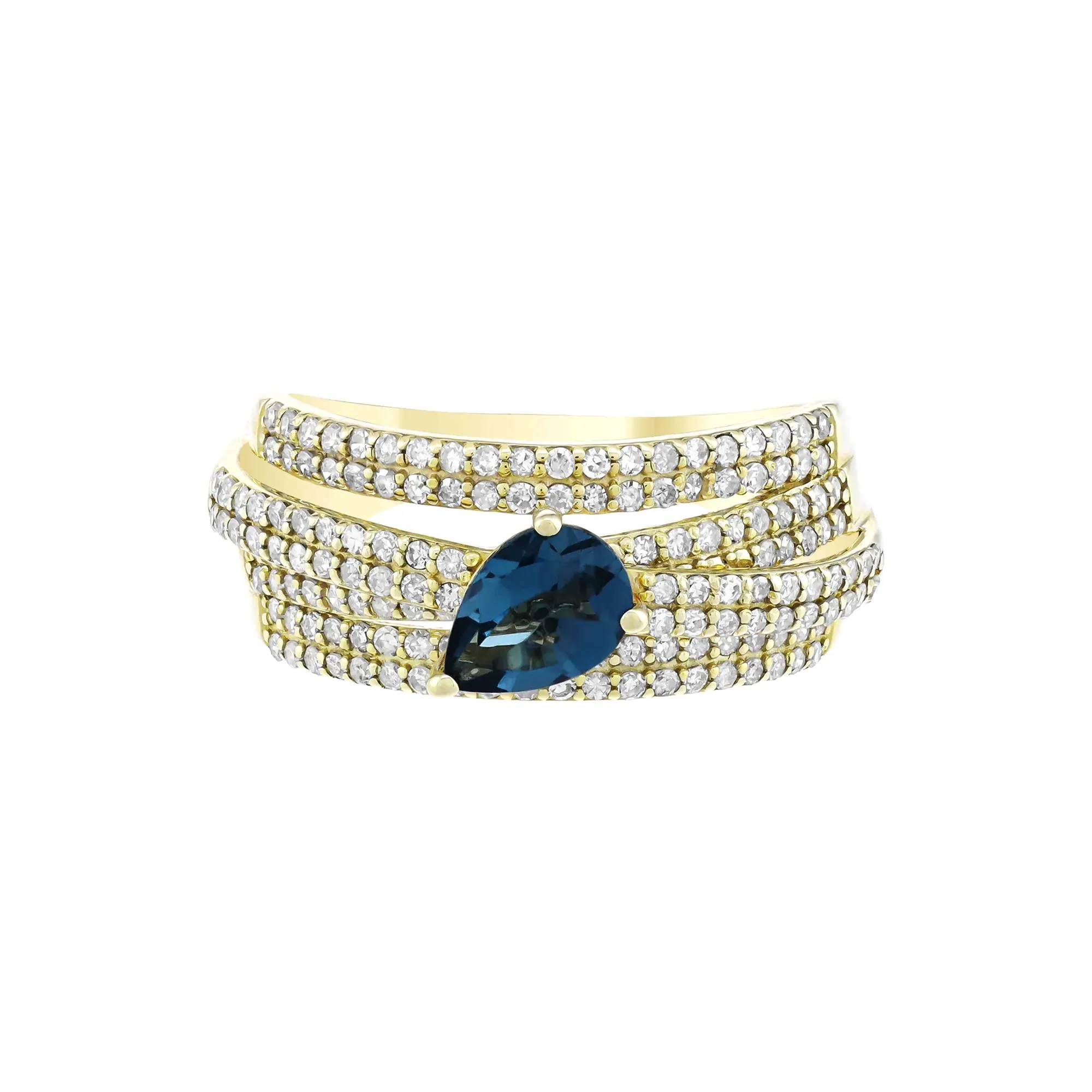 3/4 CT. Tw. Pear-Shaped London Blue Topaz and Diamond Multi-Row Ring 10K Yellow Gold Size 8 3.5mm