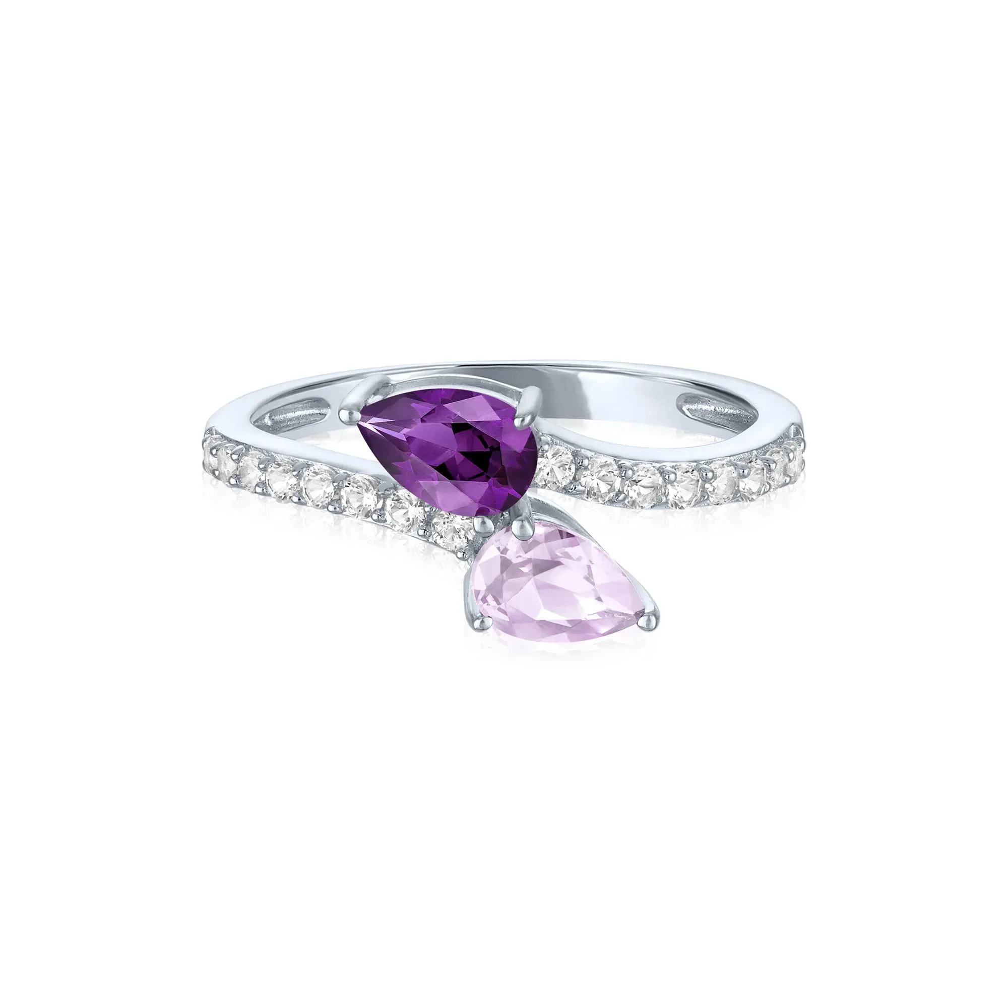 Bypass Ring with Purple and Pink Amethysts and Lab-Created White Sapphires .925 Sterling Silver Size 6.5 1mm