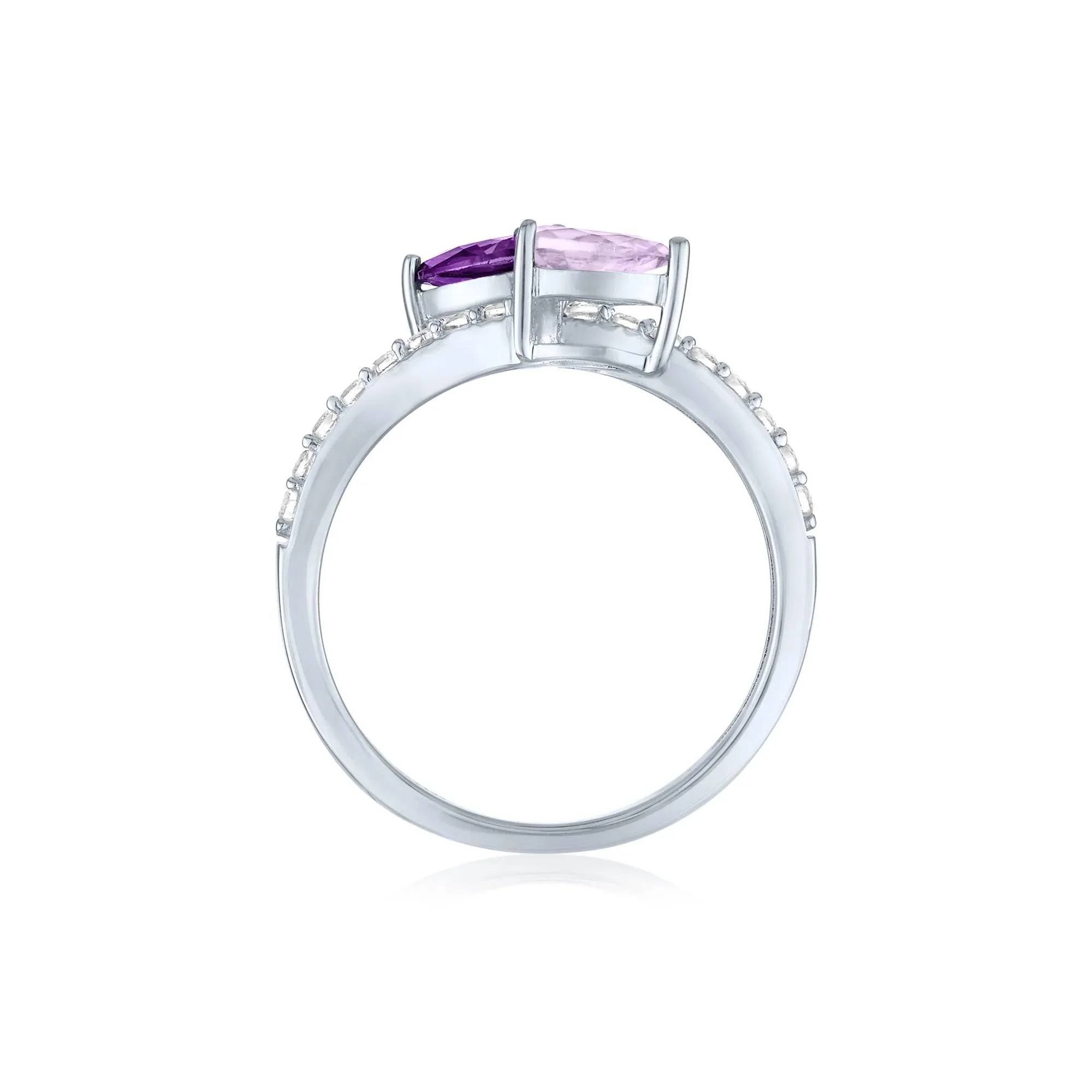 Bypass Ring with Purple and Pink Amethysts and Lab-Created White Sapphires .925 Sterling Silver Size 7 1mm - Image 2