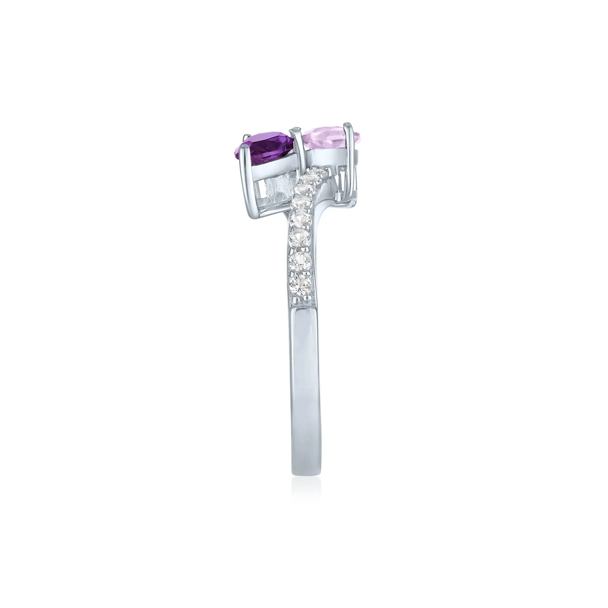 Bypass Ring with Purple and Pink Amethysts and Lab-Created White Sapphires .925 Sterling Silver Size 9 1mm - Image 3