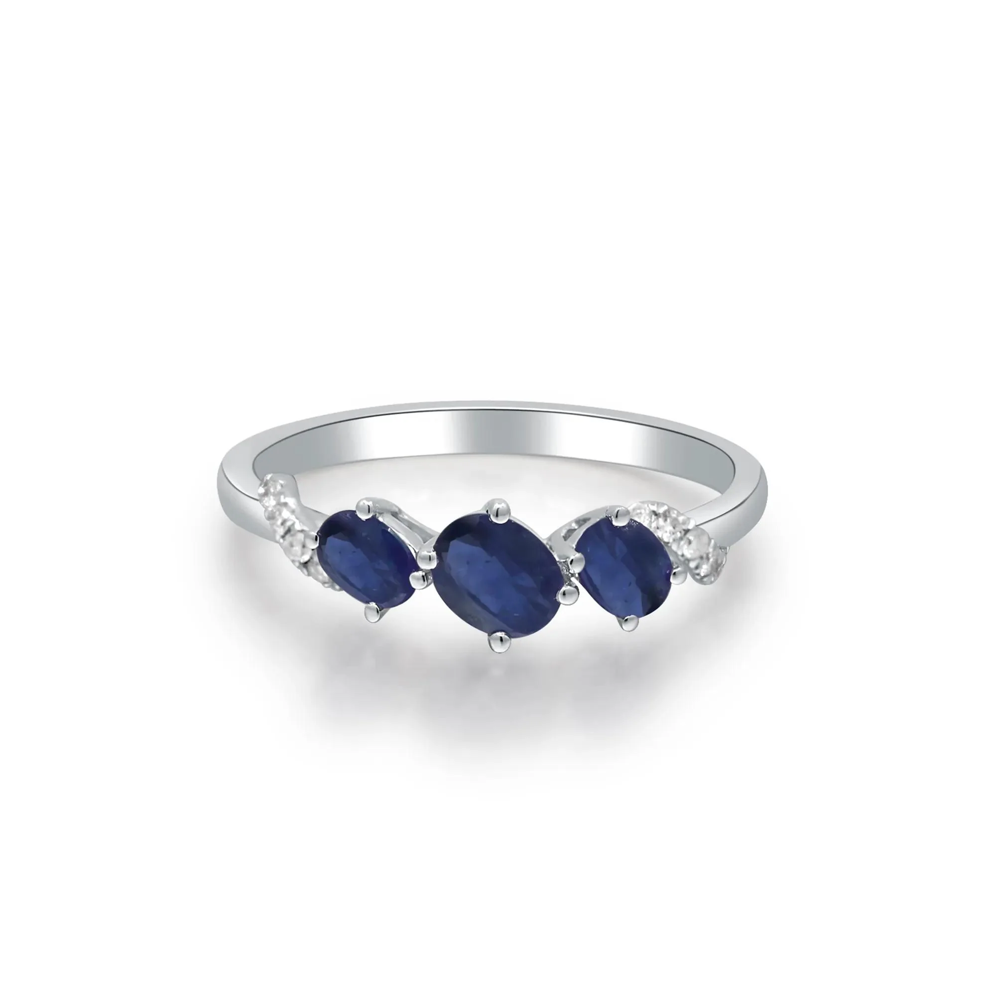Blue Sapphire and Diamond Accent Ring 10K White Gold Round Brilliant Cut Size 6 2mm - Image 5