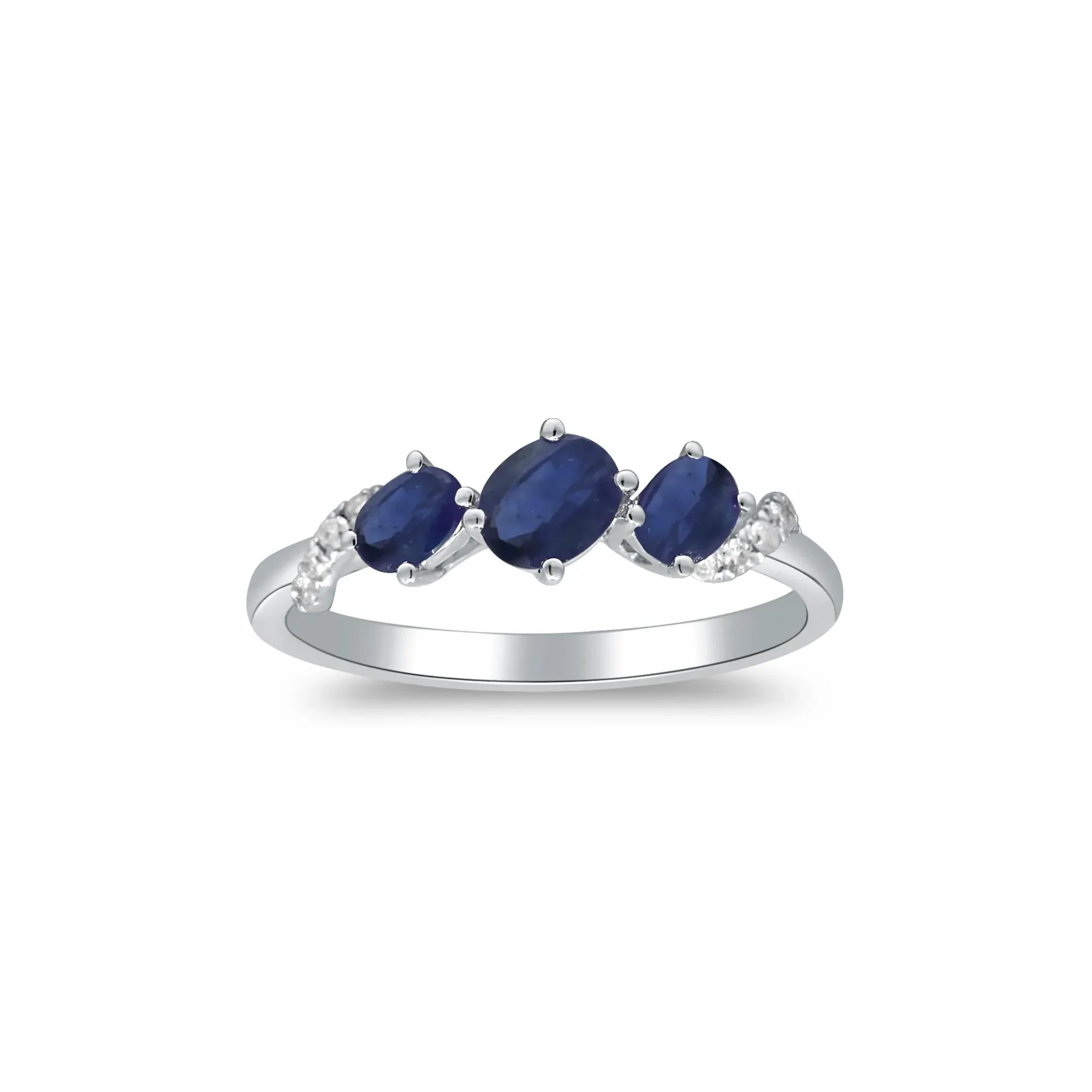Blue Sapphire and Diamond Accent Ring 10K White Gold Round Brilliant Cut Size 8 2mm