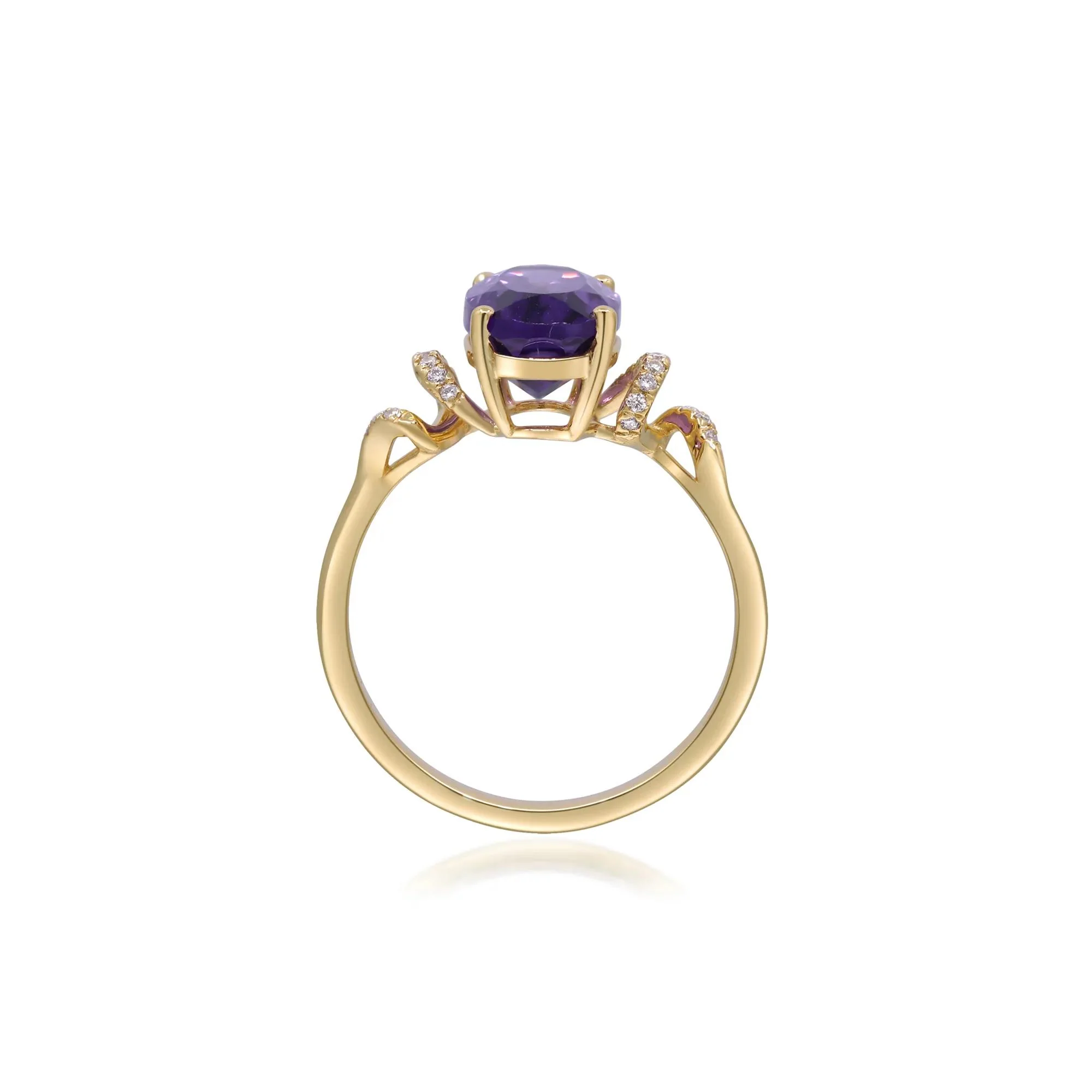 Amethyst and Diamond Accent Ring 10K Yellow Gold Round Brilliant Cut Size 6.5 2mm