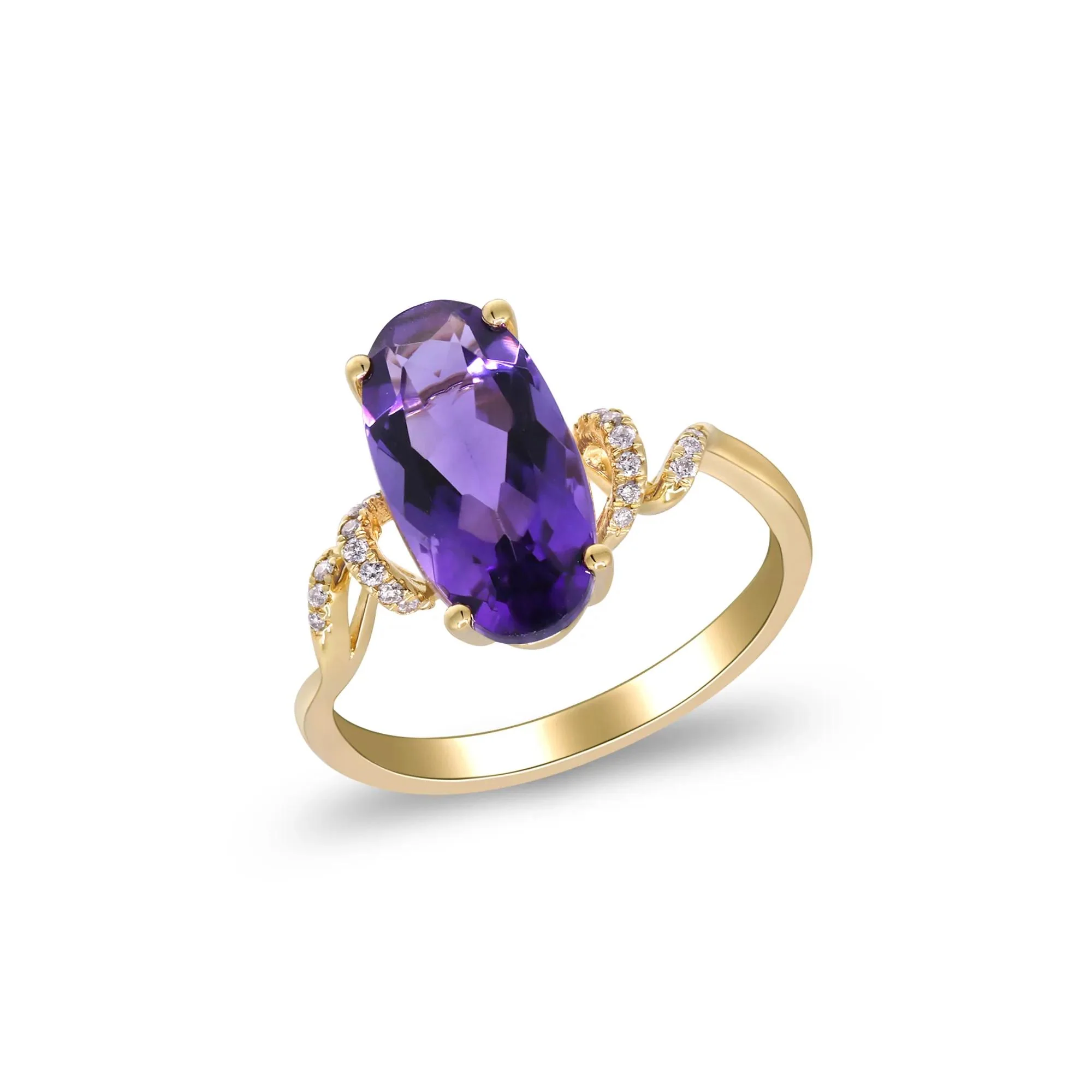 Amethyst and Diamond Accent Ring 10K Yellow Gold Round Brilliant Cut Size 6.5 2mm - Image 3