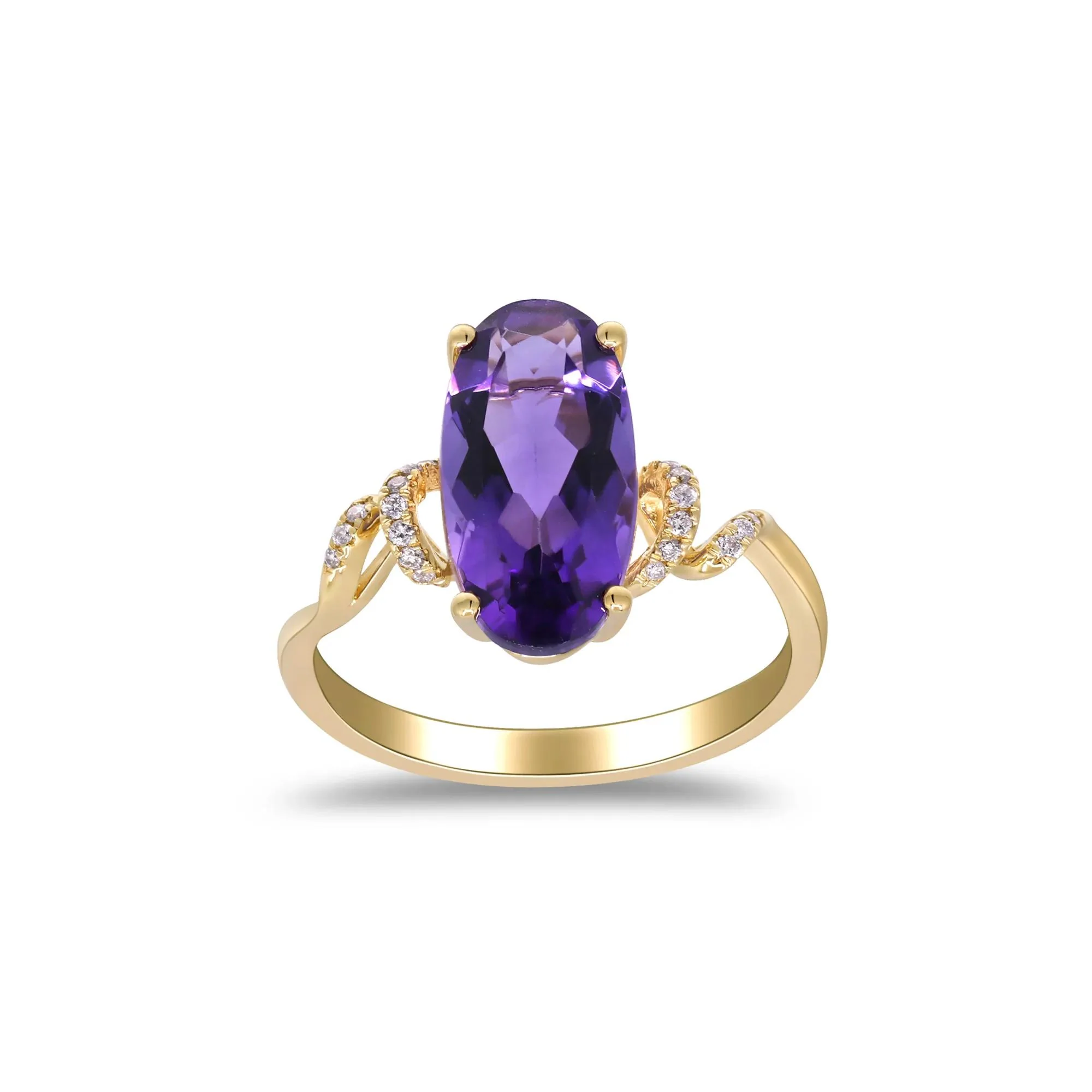Amethyst and Diamond Accent Ring 10K Yellow Gold Round Brilliant Cut Size 8 2mm - Image 4