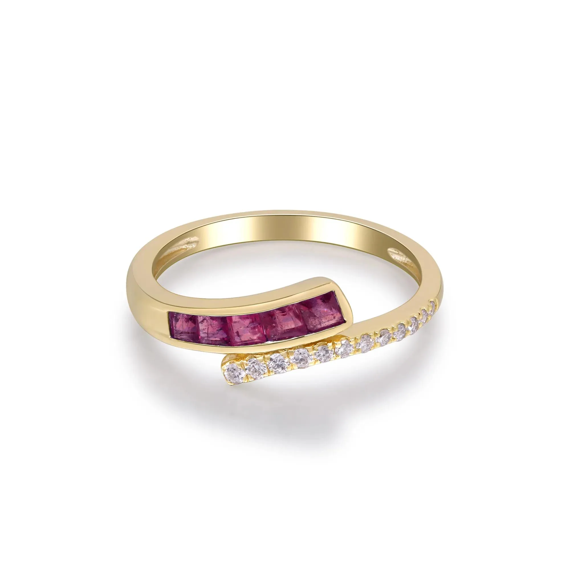 1/10 CT. Tw. Ruby and Diamond Bypass Ring 10K Yellow Gold Size 8.5 2mm - Image 3