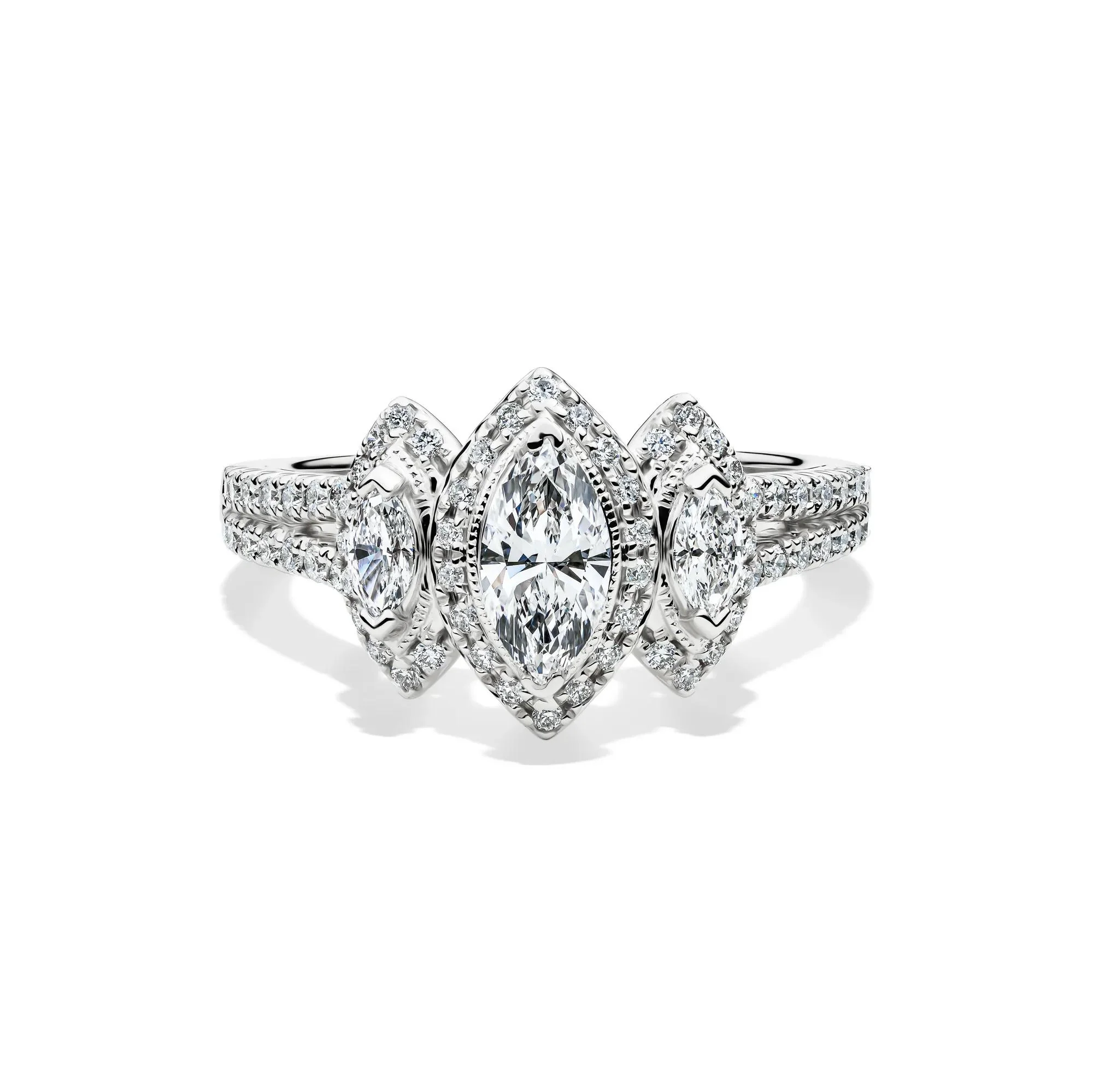 1 CT. Tw. Lab Grown Diamond Marquise Engagement Ring 14K White Gold Round Brilliant Cut Size 6 1.5mm