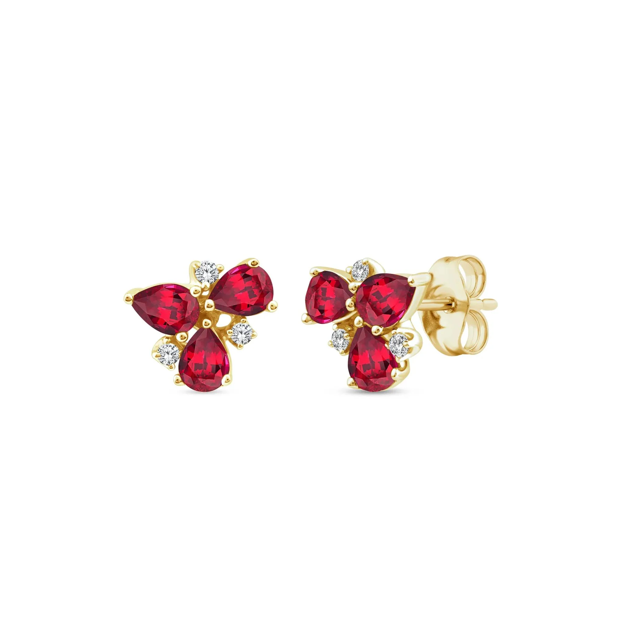 Pear-Shaped Ruby and Diamond Accent Cluster Stud Earrings 10K Yellow Gold Size 8.40mm