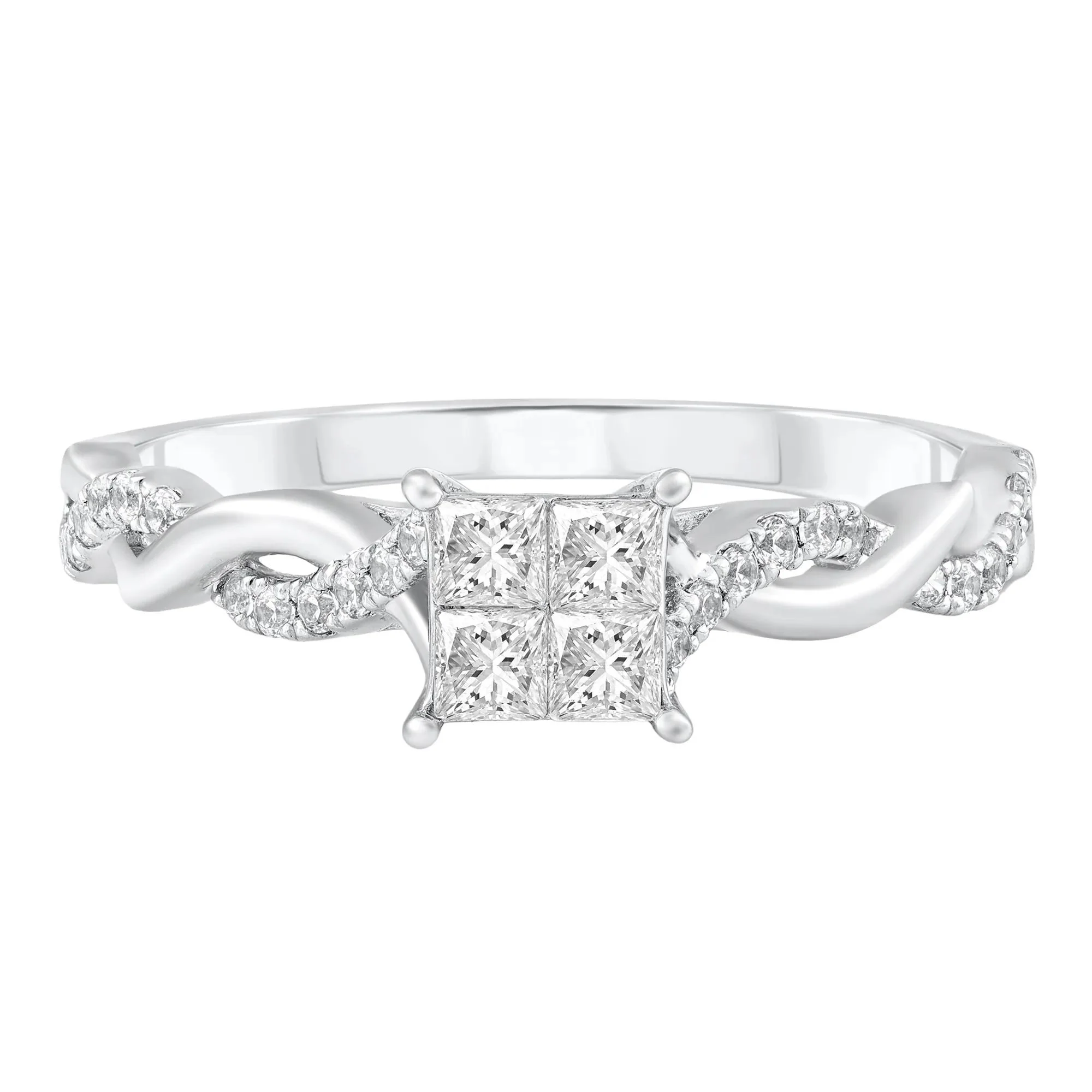 1/2 CT. Tw. Diamond Princess-Cut Twist Band Engagement Ring 14K White Gold Round Brilliant Cut Size 8