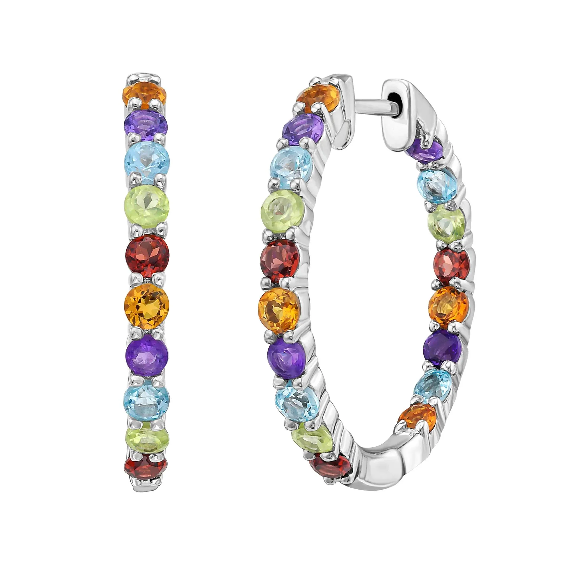 Multi-Gemstone Hoop Earrings .925 Sterling Silver White Size 25.00mm