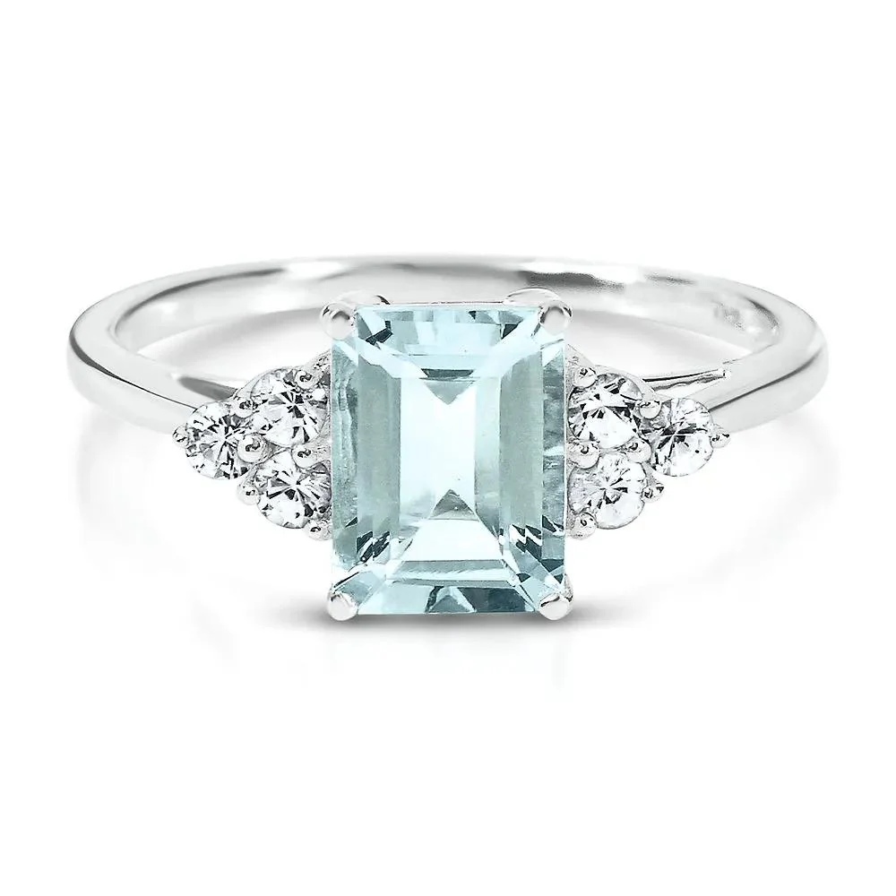 Aquamarine & Lab Created White Sapphire Ring 10K White Gold Size 8.5 1mm