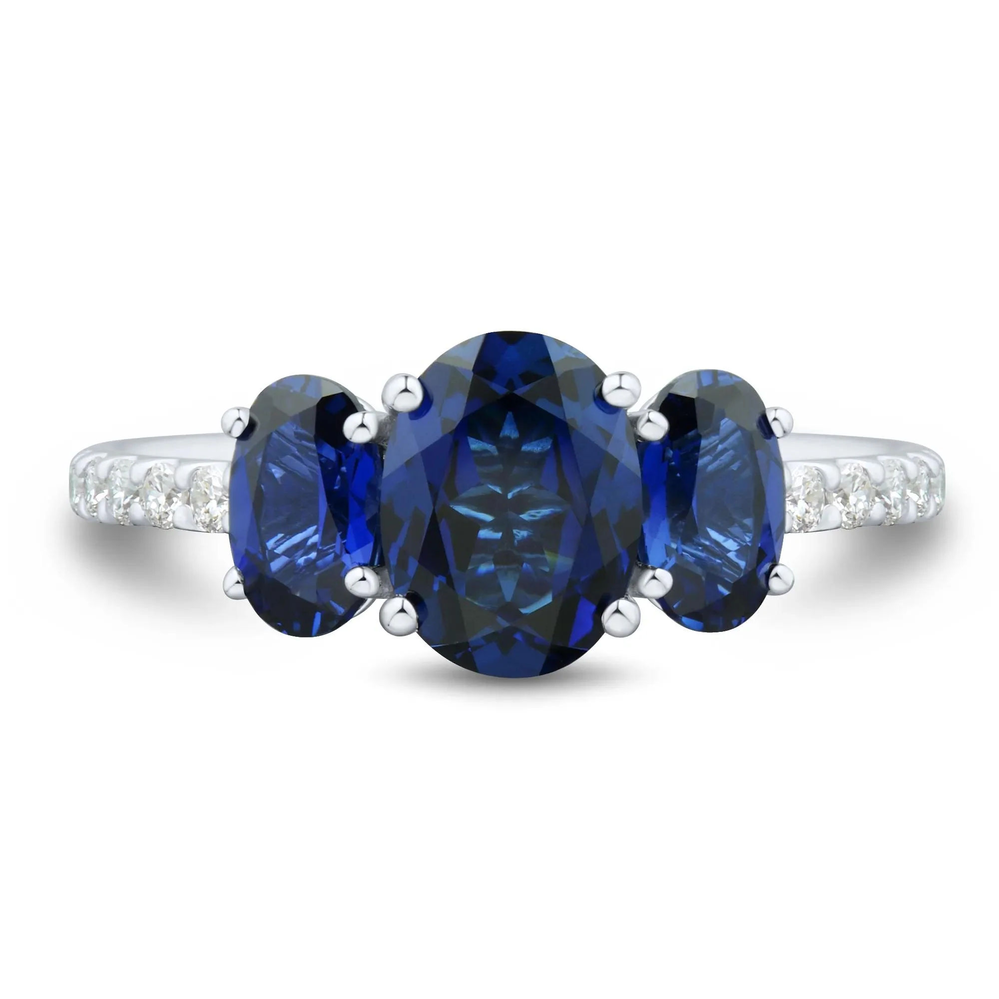 1/5 CT. Tw. Lab-Created Blue Sapphire and Lab Grown Diamond Three-Stone Ring 10K White Gold Size 8 1mm
