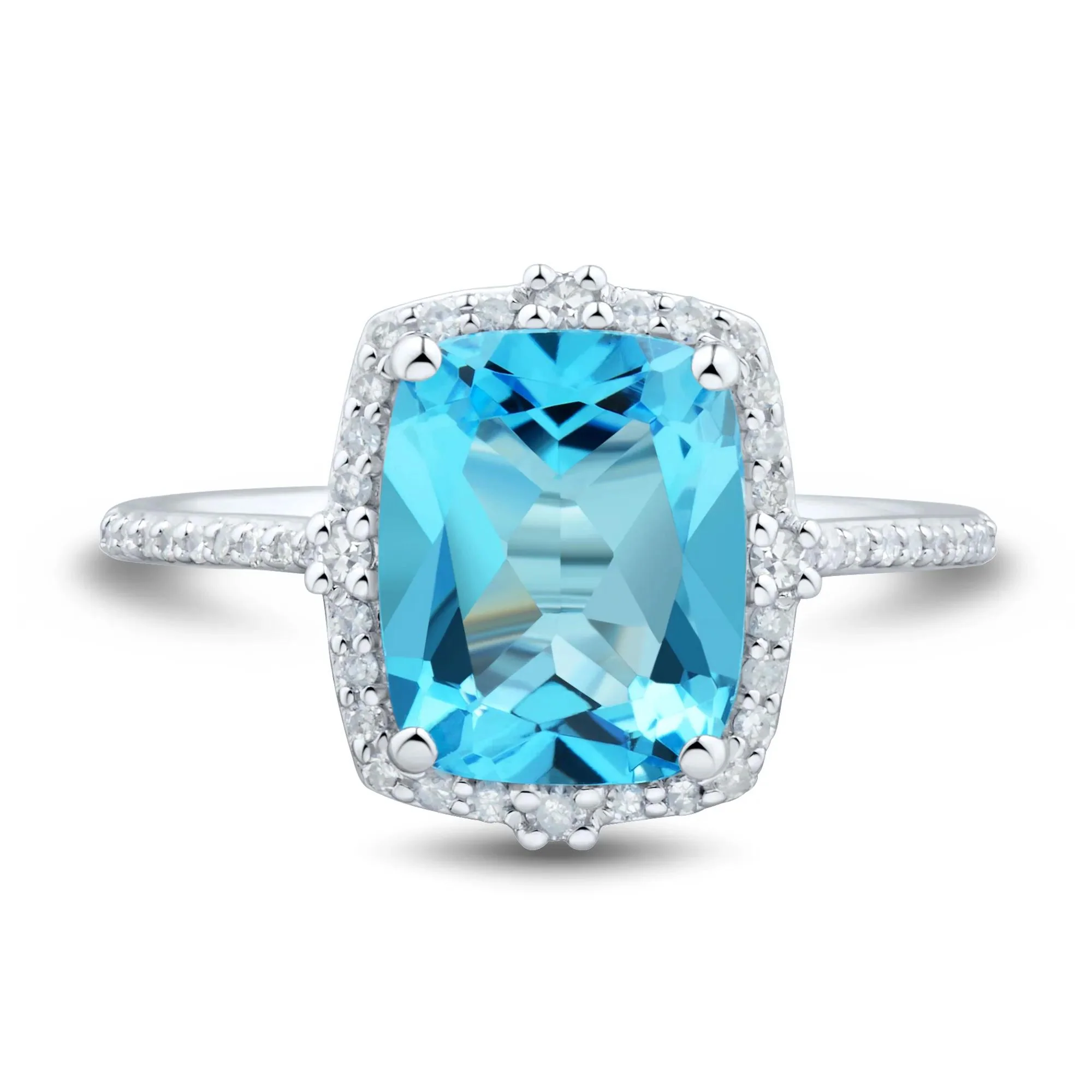 1/5 CT. Tw. Blue Topaz Cushion-Cut Diamond Halo Ring 10K White Gold Round Brilliant Cut Size 7 1mm