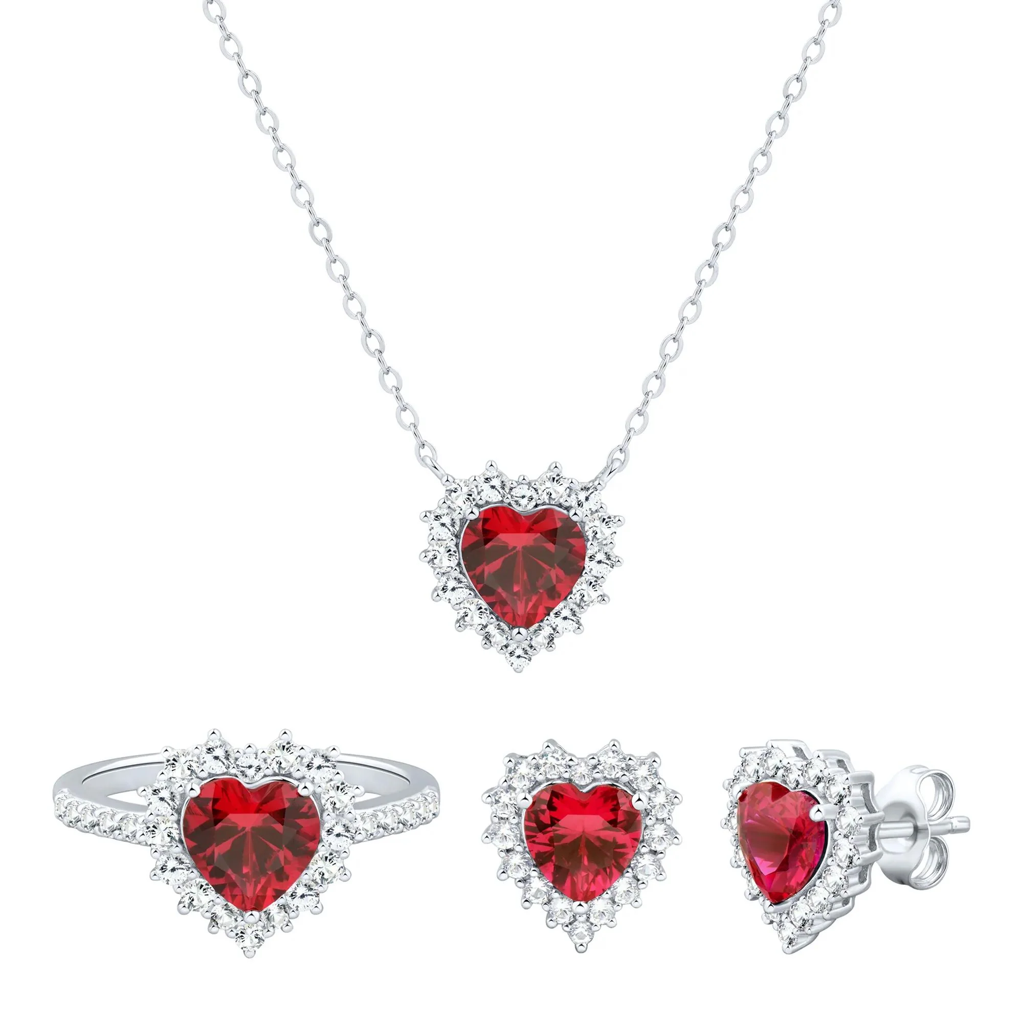 Lab-Created Ruby and Lab-Created White Sapphire Ring Earring and Pendant Set .925 Sterling Silver Size 6.5 1.5mm