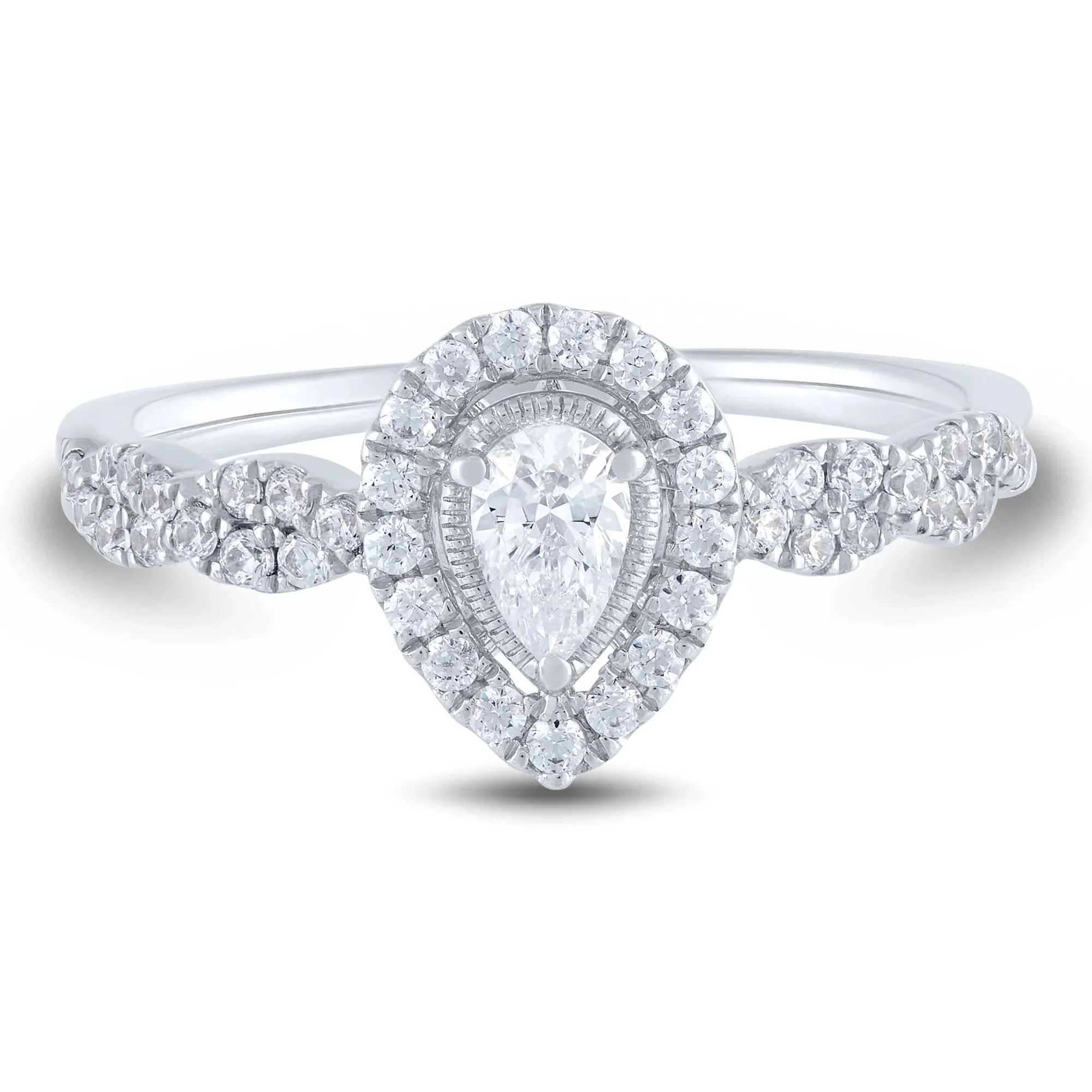 1/2 CT. Tw. Diamond Pear-Shaped Halo Engagement Ring 10K White Gold Round Brilliant Cut Size 8 1mm