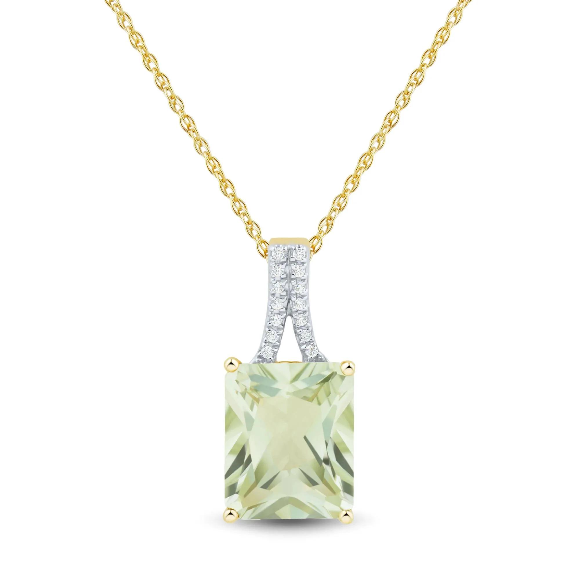 Green Amethyst and Diamond Pendant Necklace 10K Yellow Gold Size 18"