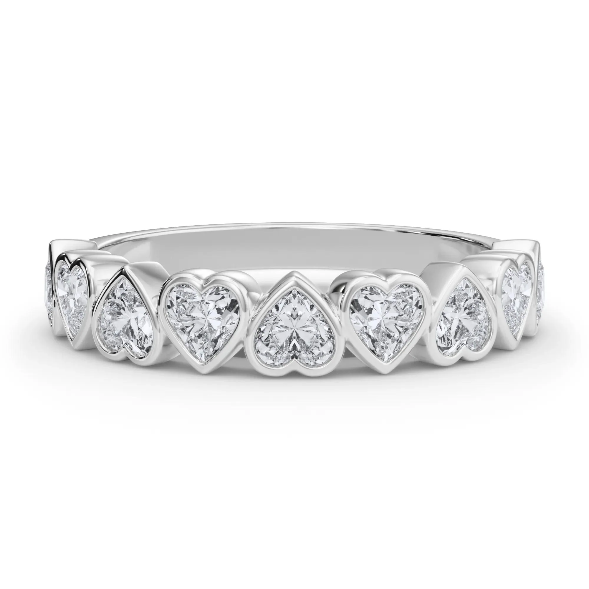 1 CT. Tw. Lab Grown Diamond Heart Bezel Half Eternity Band Ring Platinum White Size 7.5 2.5mm