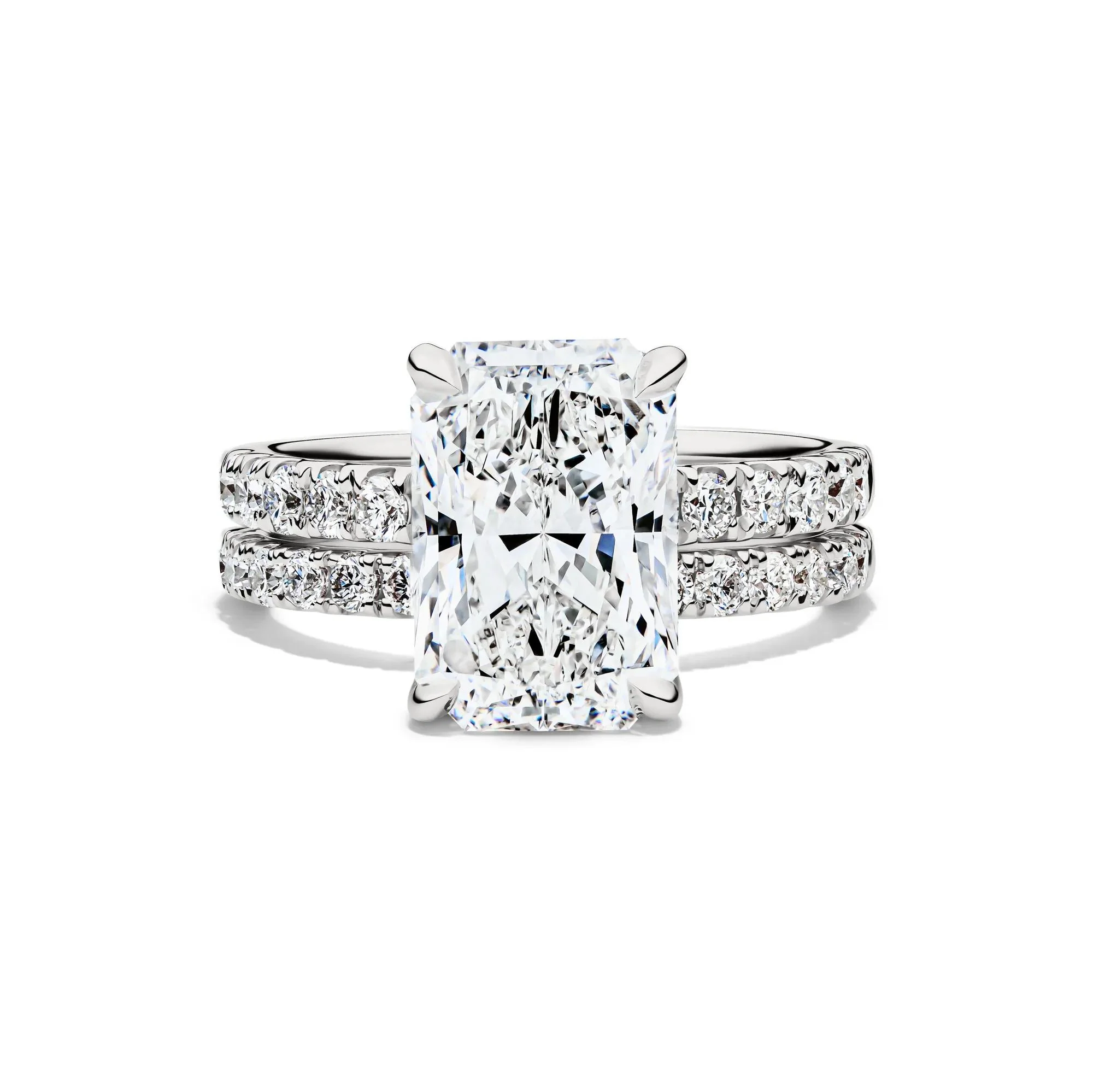 5 CT. Tw. Lab Grown Diamond Radiant-Cut Bridal Set 14K White Gold Ring Round Brilliant Cut Size 8 2mm