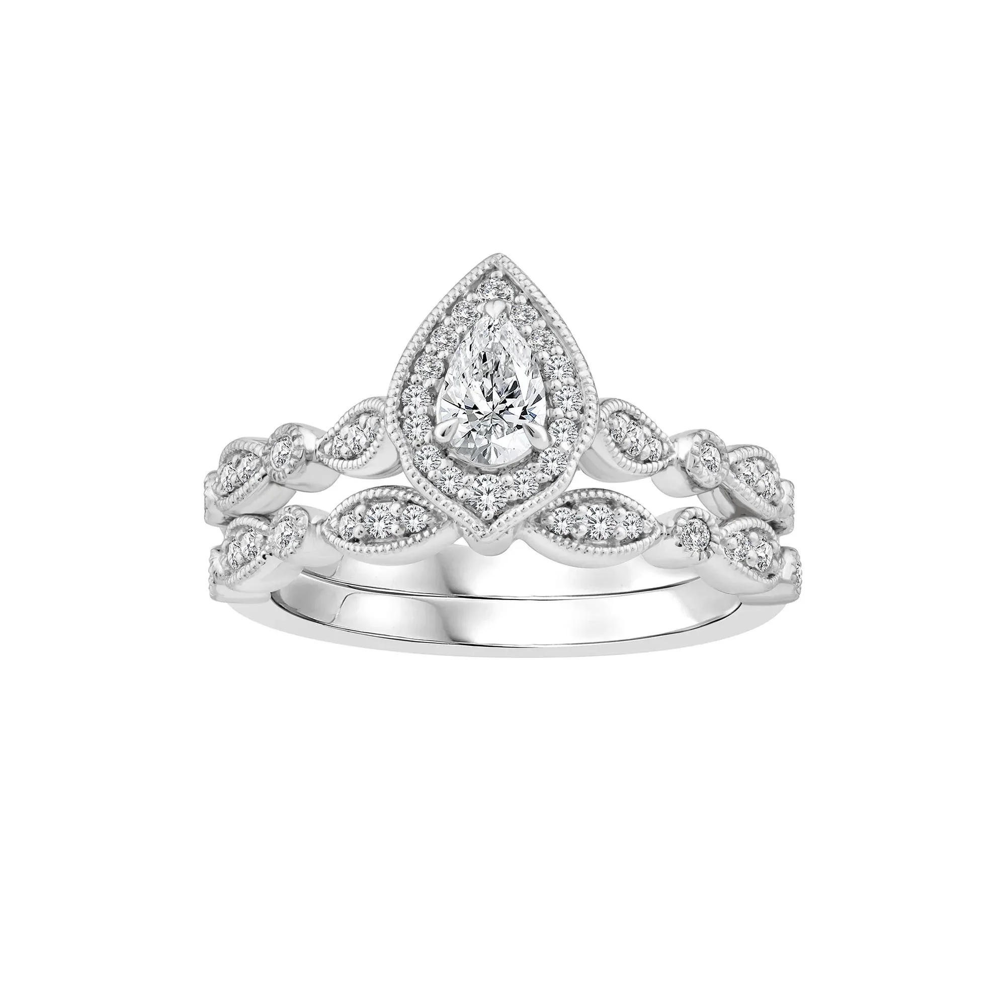 5/8 CT. Tw. Pear-Shaped Diamond Engagement Set 14K White Gold Ring Size 6 2mm