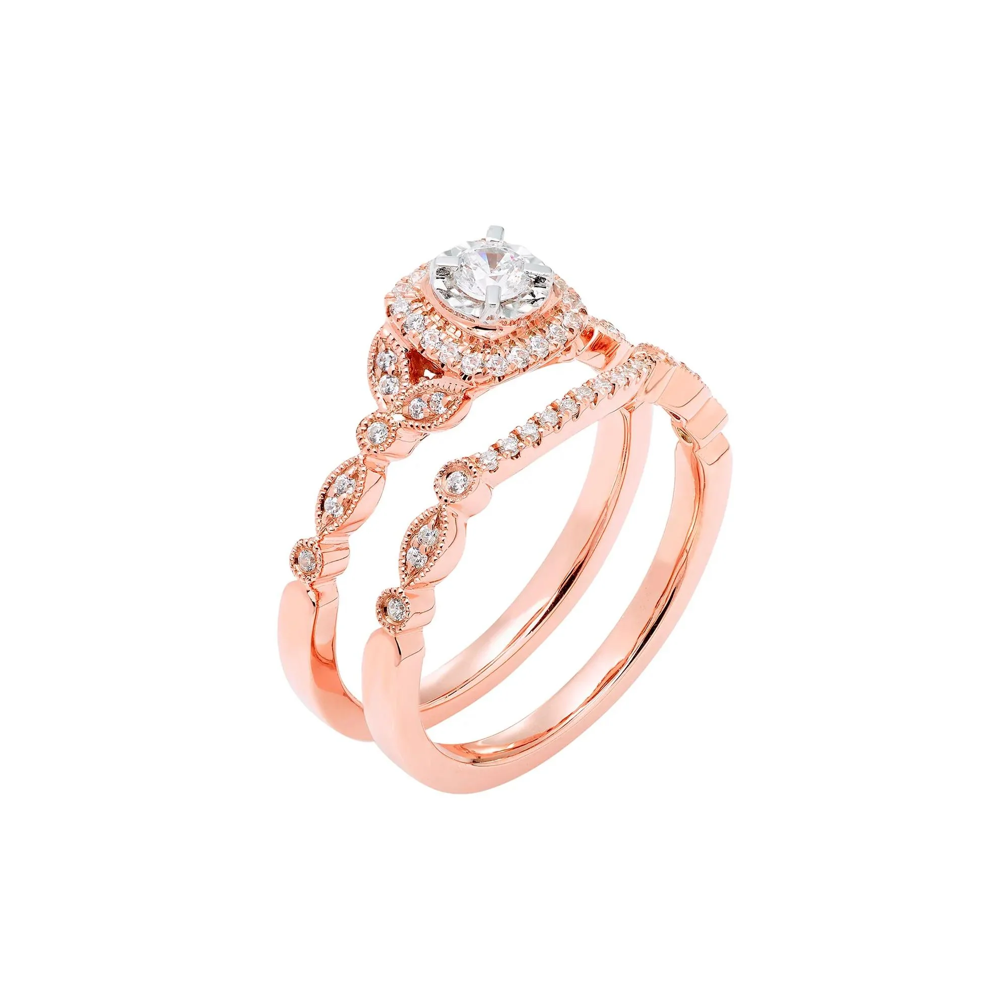 3/8 CT. Tw. Diamond Engagement Set 10K Rose Gold Ring Round Brilliant Cut Size 8 - Image 4