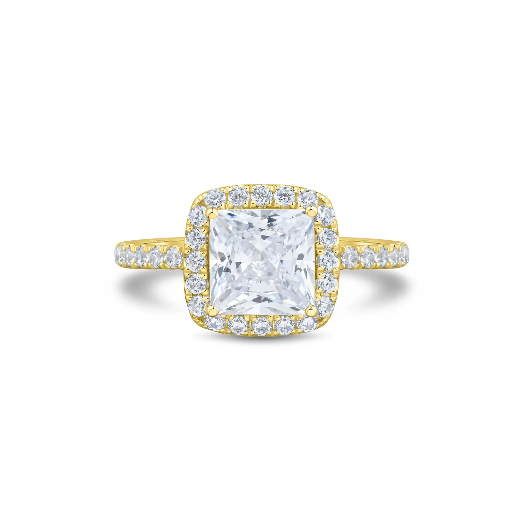 2 CT. Tw. Lab Grown Diamond Princess-Cut Halo Engagement Ring 14K Yellow Gold Round Brilliant Cut Size 7.5 1.5mm