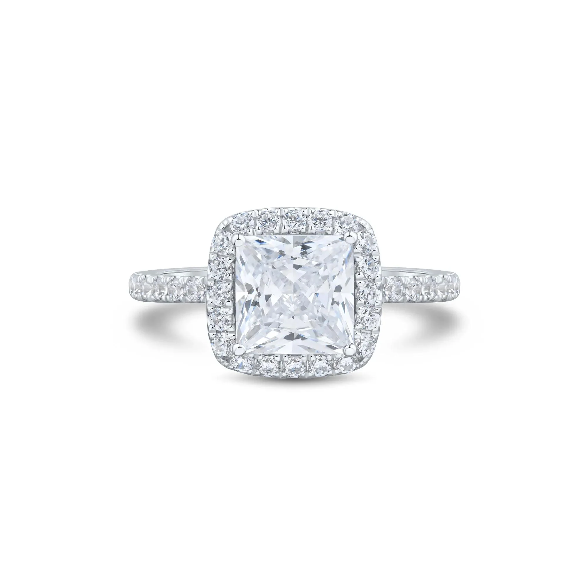2 CT. Tw. Lab Grown Diamond Princess-Cut Halo Engagement Ring 14K White Gold Round Brilliant Cut Size 6.5 1.5mm