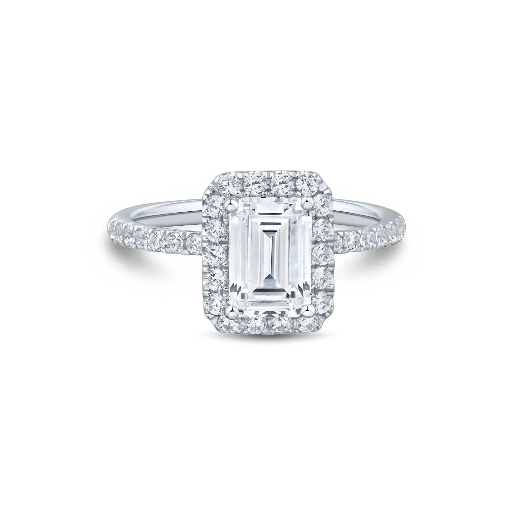 2 CT. Tw. Lab Grown Diamond Emerald-Cut Halo Engagement Ring 14K White Gold Size 8 1.5mm