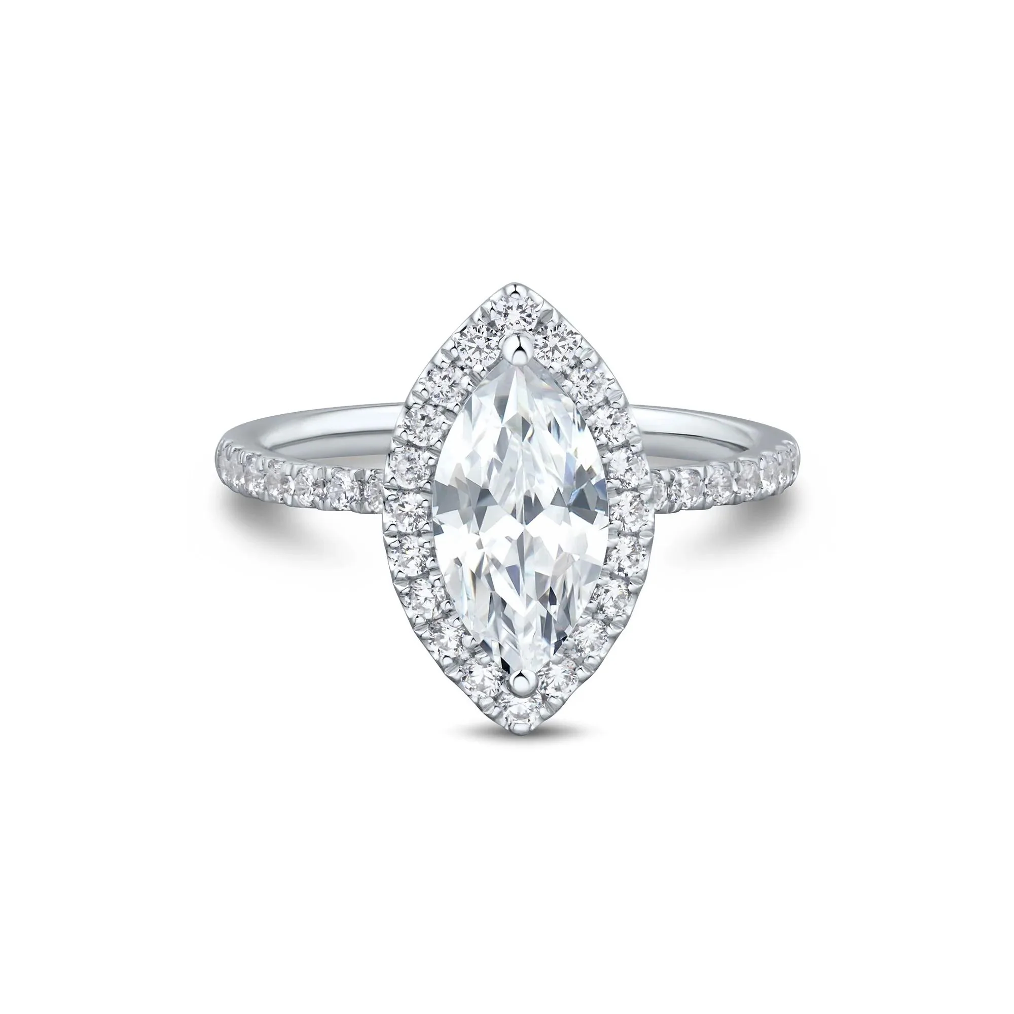 2 CT. Tw. Lab Grown Diamond Marquise-Cut Halo Engagement Ring 14K White Gold Size 6 1.5mm