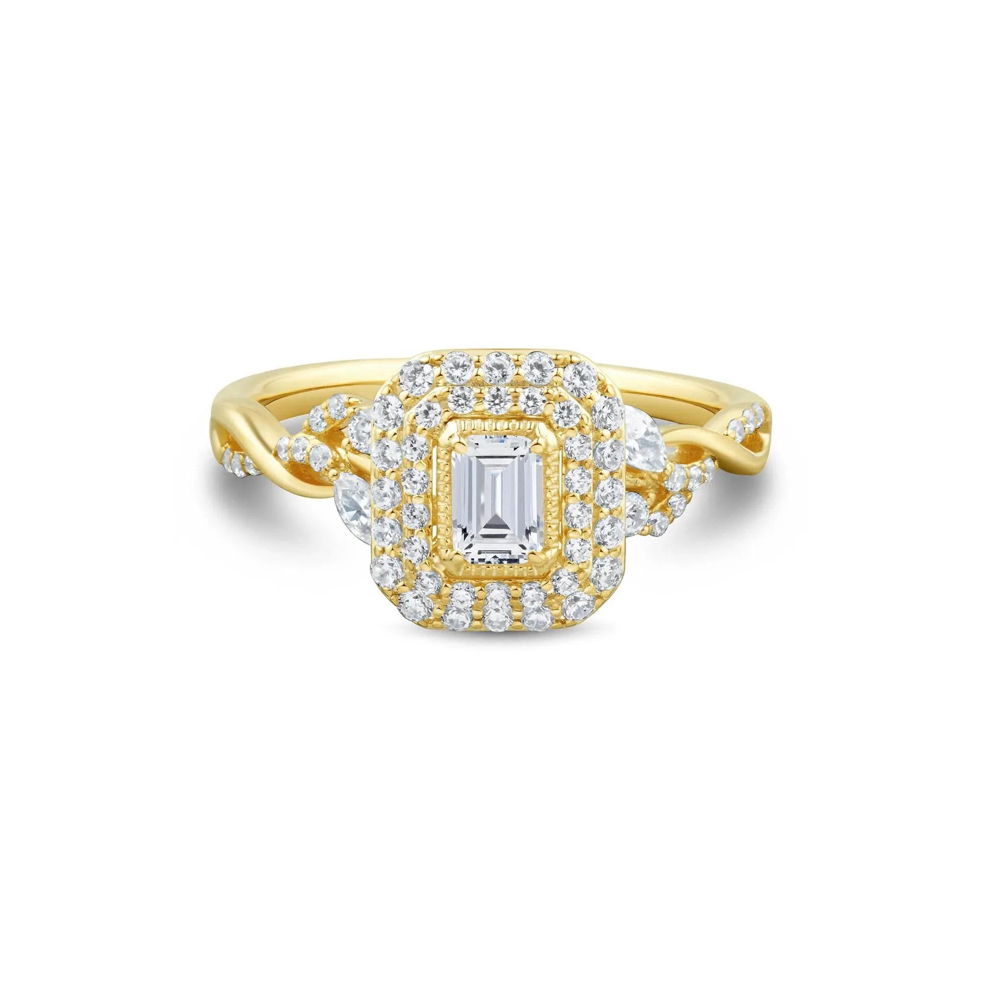 3/4 CT. Tw. Diamond Emerald-Cut Halo Engagement Ring 10K Yellow Gold Round Brilliant Cut Size 8 1mm