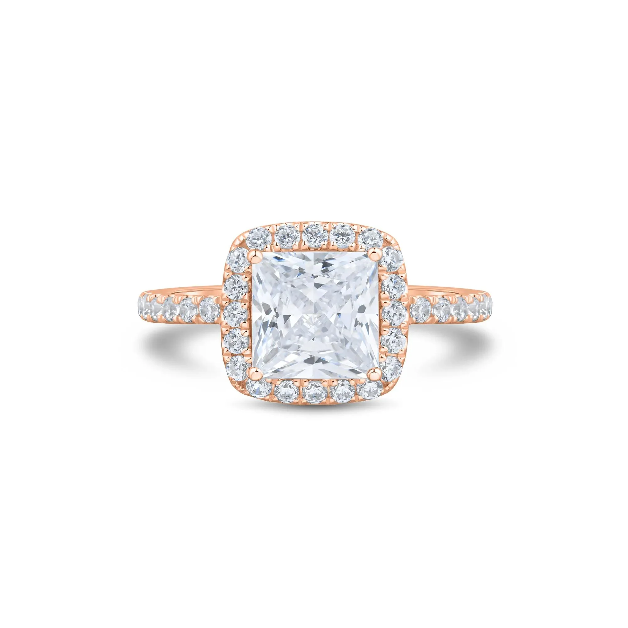 2 CT. Tw. Lab Grown Diamond Princess-Cut Halo Engagement Ring 14K Rose Gold Round Brilliant Cut Size 7.5 1.5mm