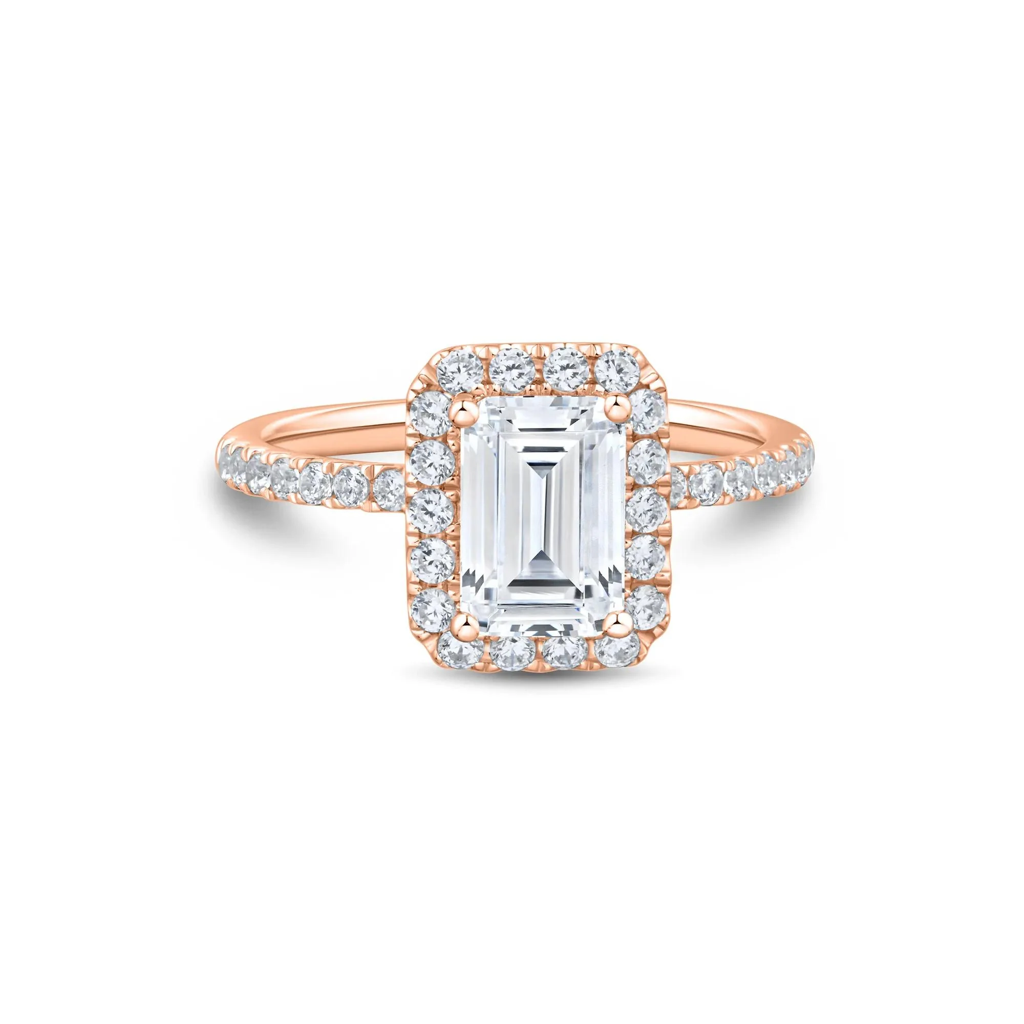 2 CT. Tw. Lab Grown Diamond Emerald-Cut Halo Engagement Ring 14K Rose Gold Size 6.5 1.5mm
