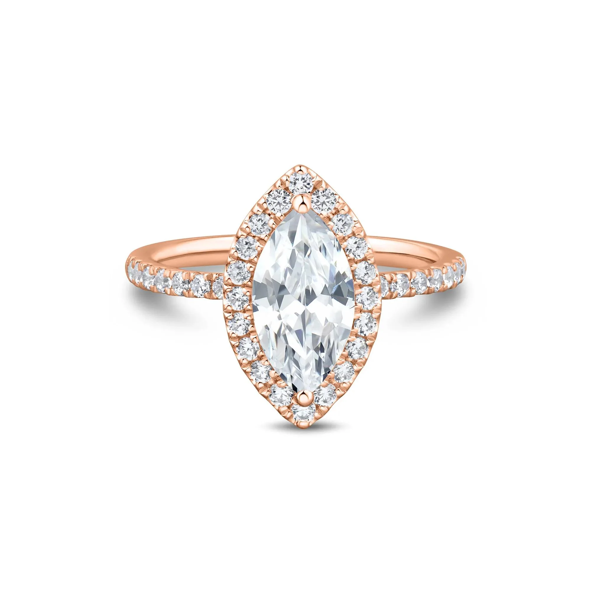 2 CT. Tw. Lab Grown Diamond Marquise-Cut Halo Engagement Ring 14K Rose Gold Size 6 1.5mm