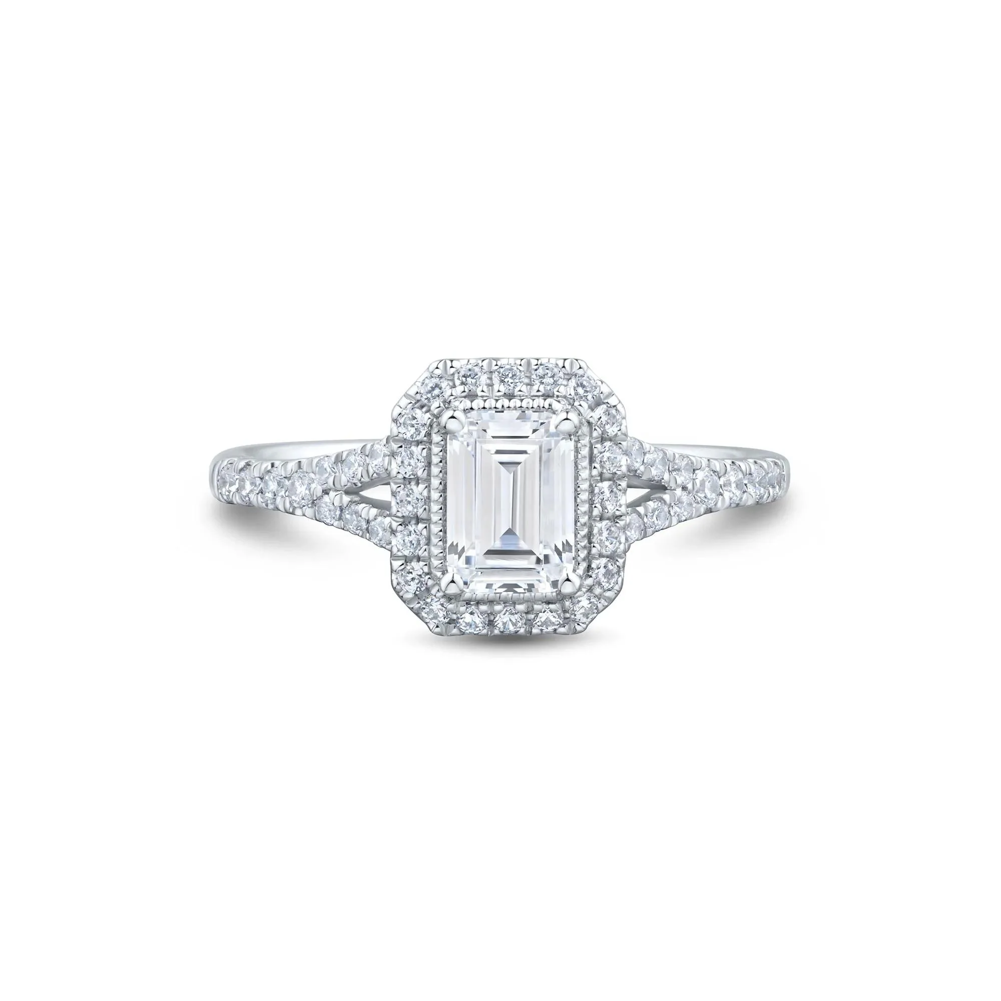 1 CT. Tw. Diamond Emerald-Cut Halo Engagement Ring 10K White Gold Size 7 1mm