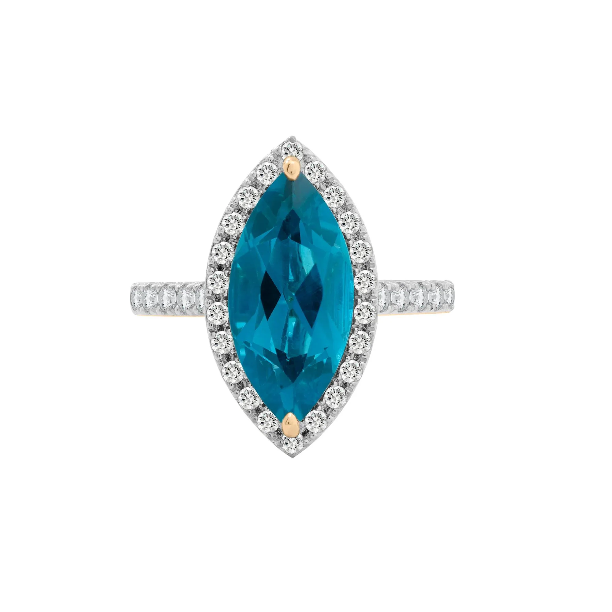 3/8 CT. Tw. London Blue Topaz and Diamond Halo Ring 10K Yellow Gold Round Brilliant Cut Size 7 2mm