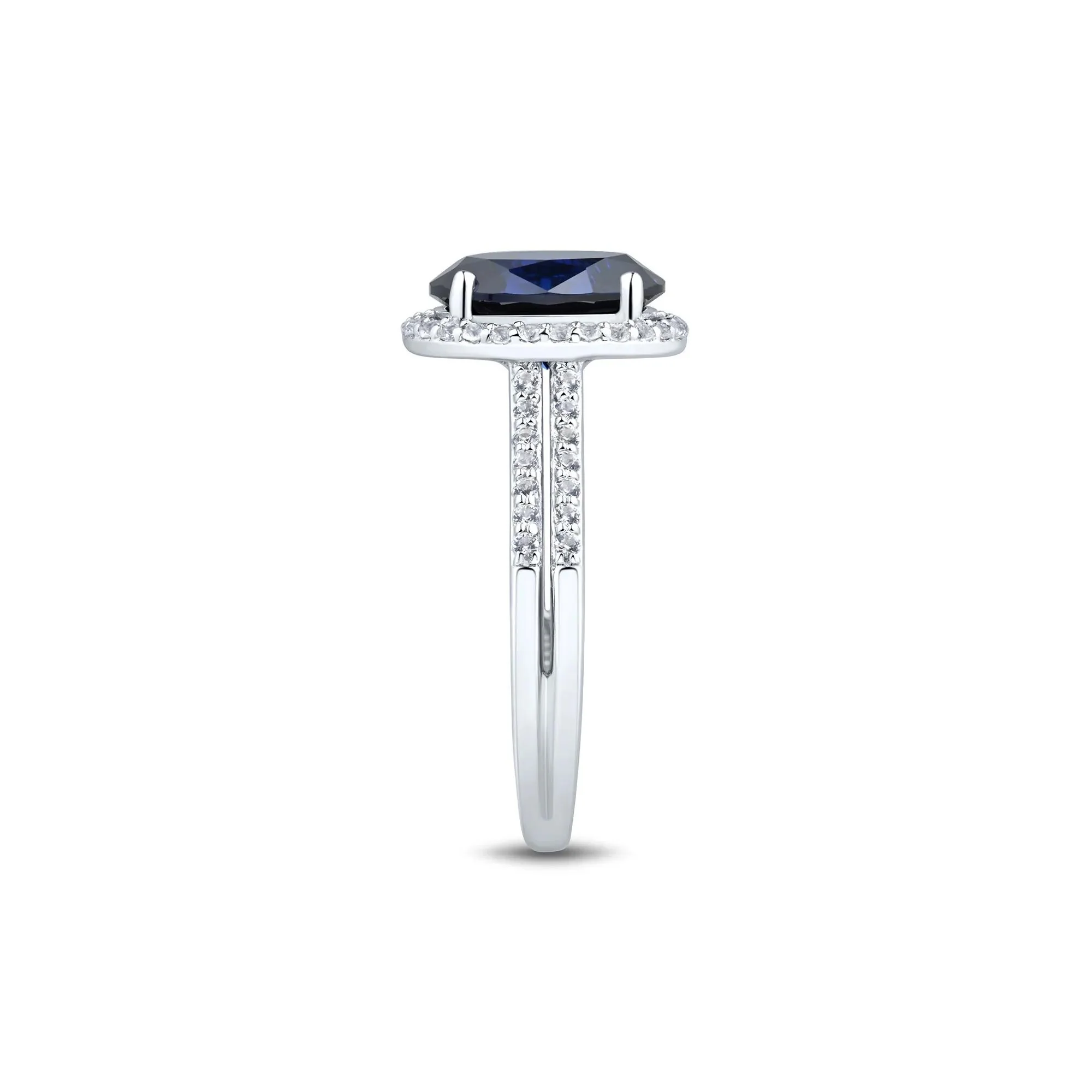 Lab-Created Blue & White Sapphire Double Row Shank Halo Ring .925 Sterling Silver Size 6 1mm - Image 2
