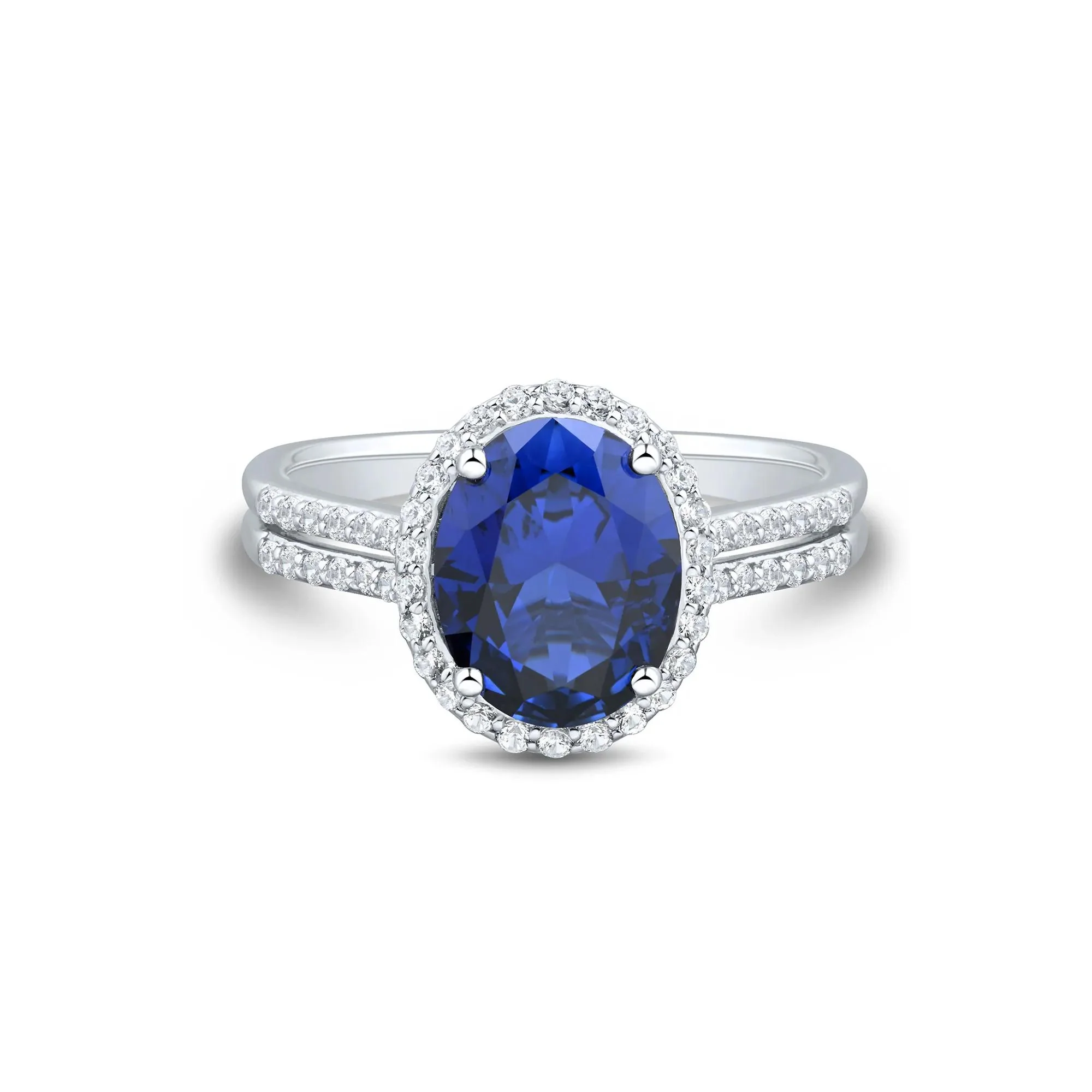 Lab-Created Blue & White Sapphire Double Row Shank Halo Ring .925 Sterling Silver Size 7.5 1mm