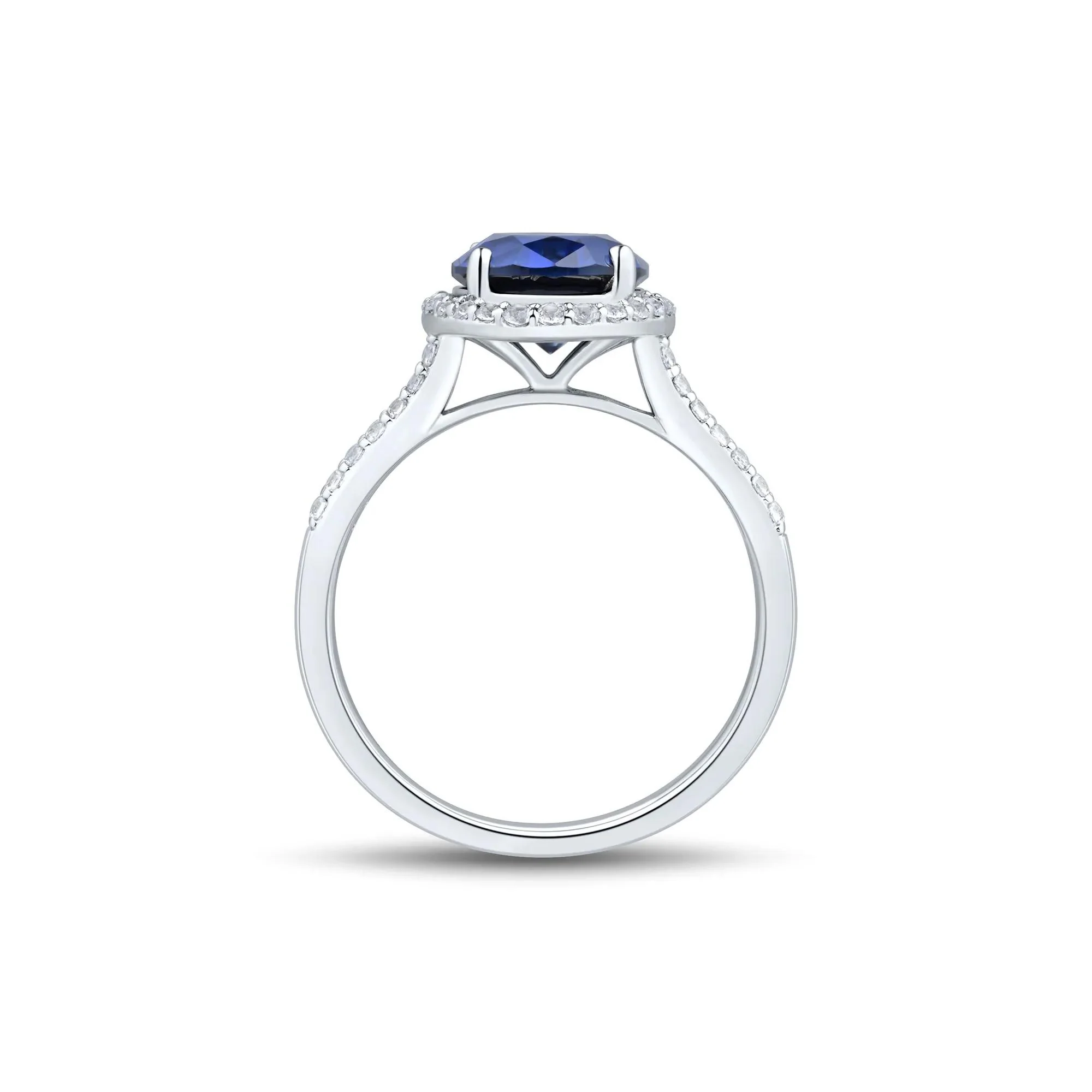 Lab-Created Blue & White Sapphire Double Row Shank Halo Ring .925 Sterling Silver Size 7.5 1mm - Image 3