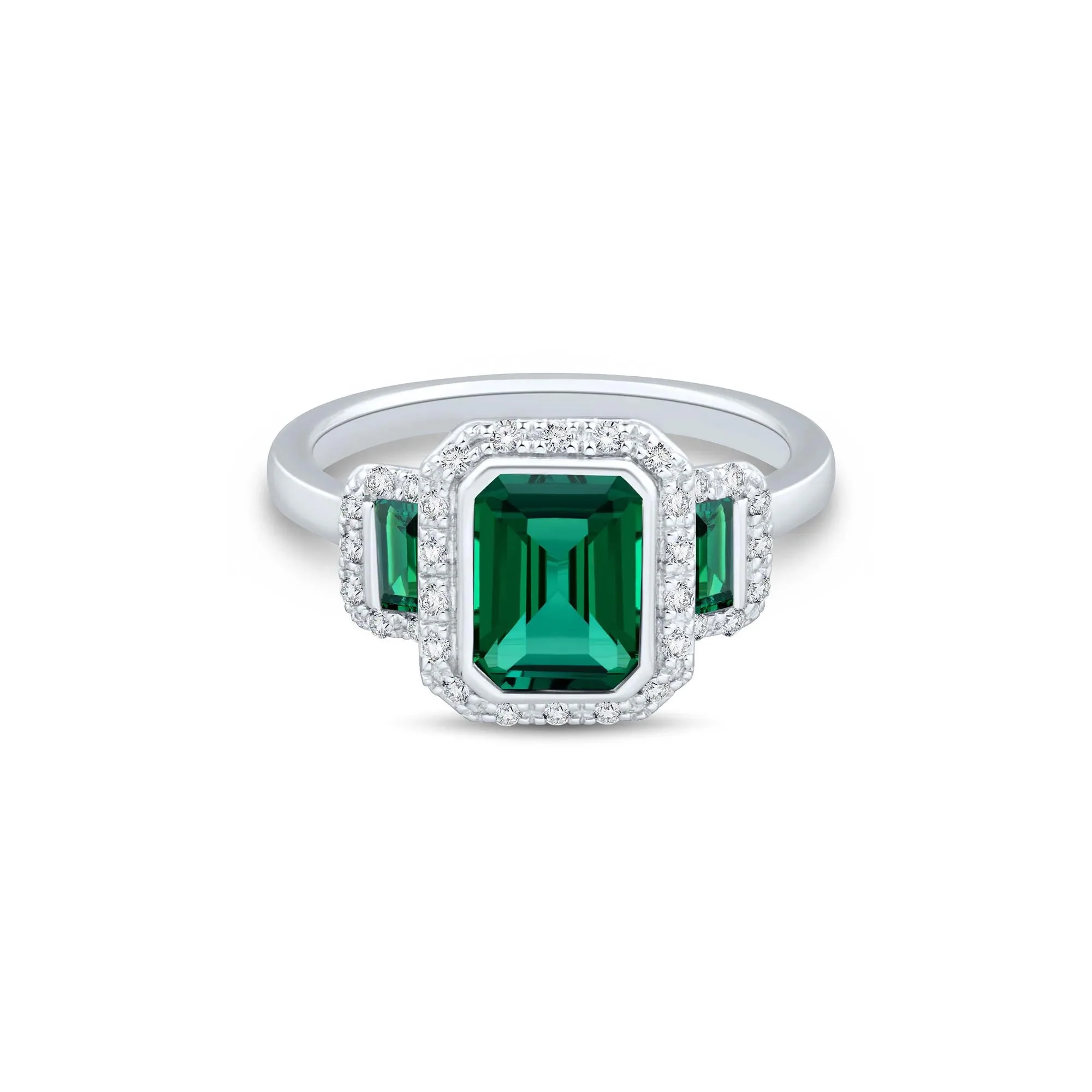 Lab-Created Emerald & Lab-Created White Sapphire Three-Stone Halo Ring .925 Sterling Silver Size 5 1mm
