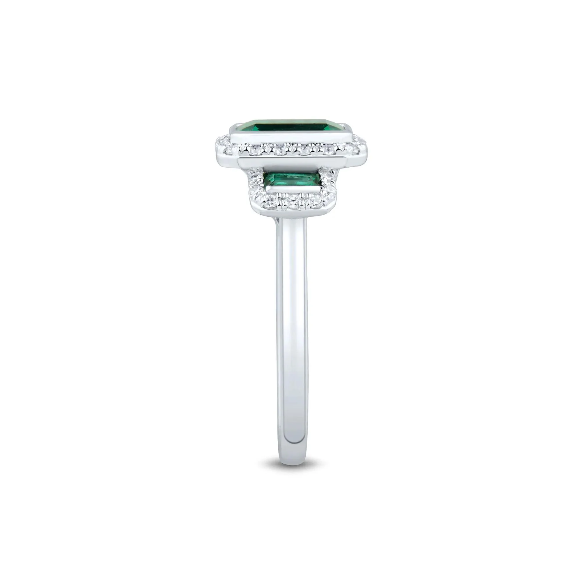 Lab-Created Emerald & Lab-Created White Sapphire Three-Stone Halo Ring .925 Sterling Silver Size 6.5 1mm - Image 3