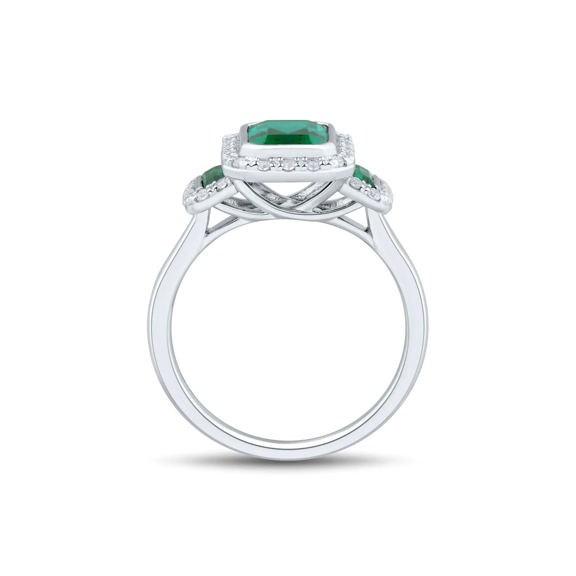 Lab-Created Emerald & Lab-Created White Sapphire Three-Stone Halo Ring .925 Sterling Silver Size 9 1mm - Image 2