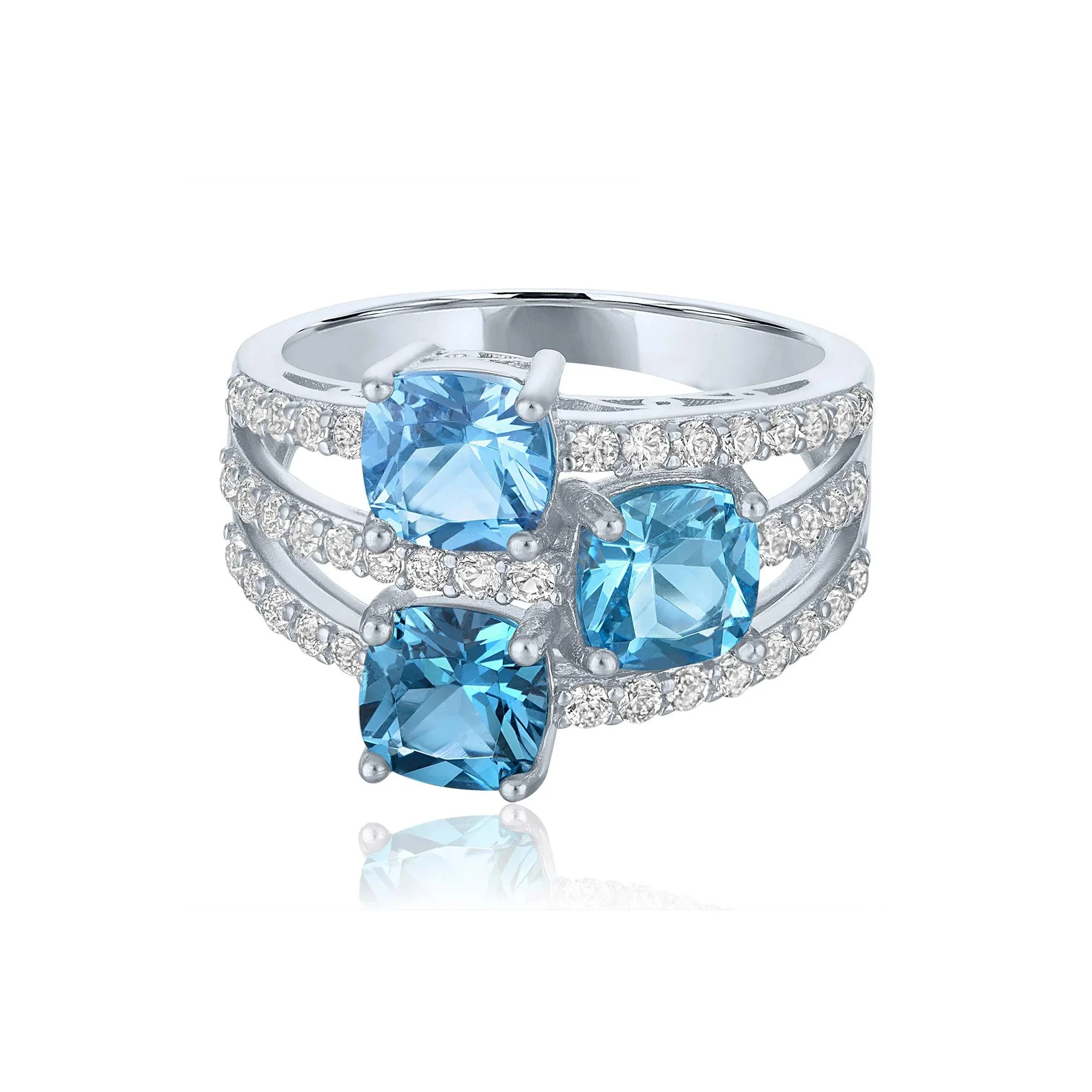 Multi-Shade Blue Topaz & Lab-Created White Sapphire Layered Ring .925 Sterling Silver Size 6.5 1mm
