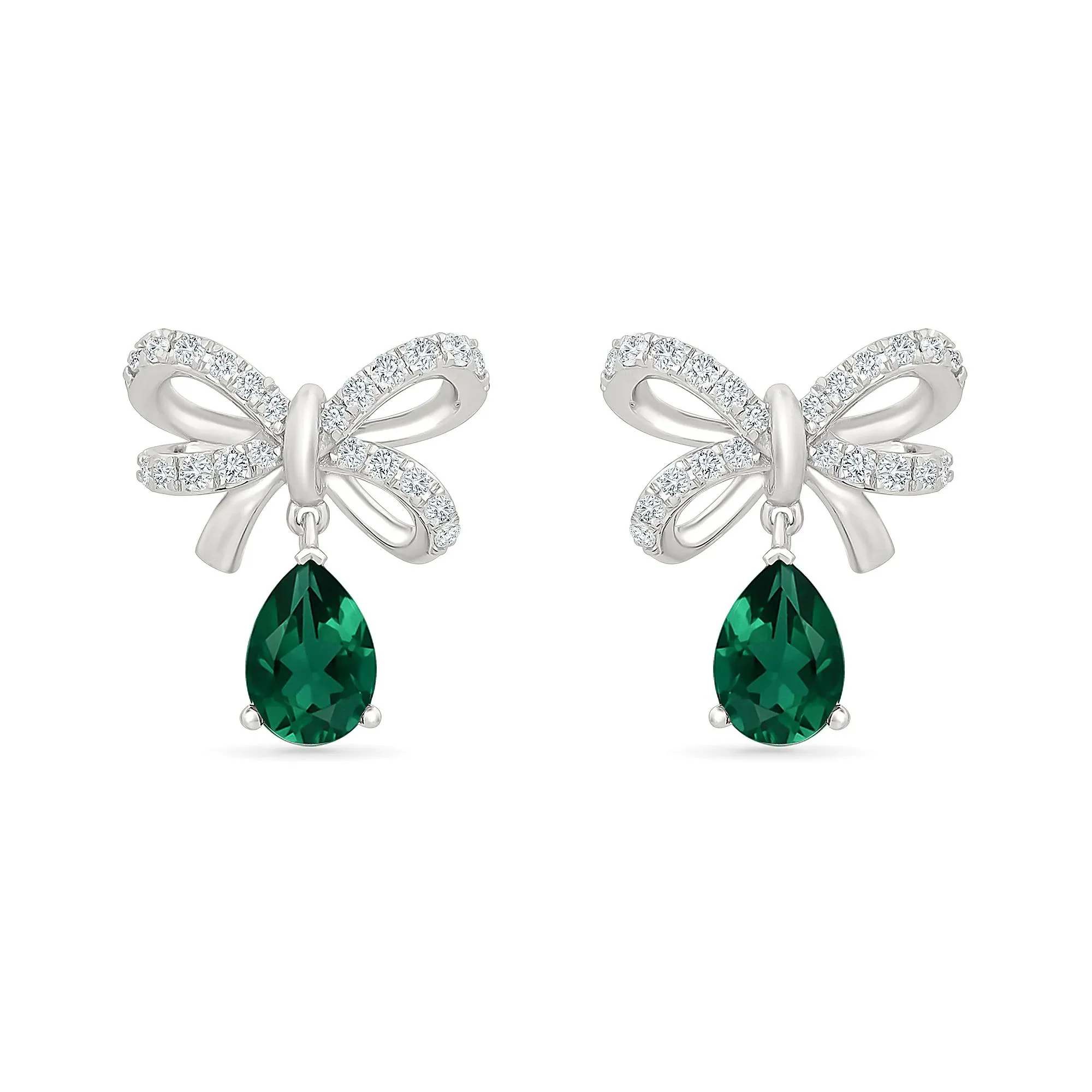 Lab-Created Emerald & Lab-Created White Sapphire Bow Drop Earrings .925 Sterling Silver Size 13.00mm - Image 2